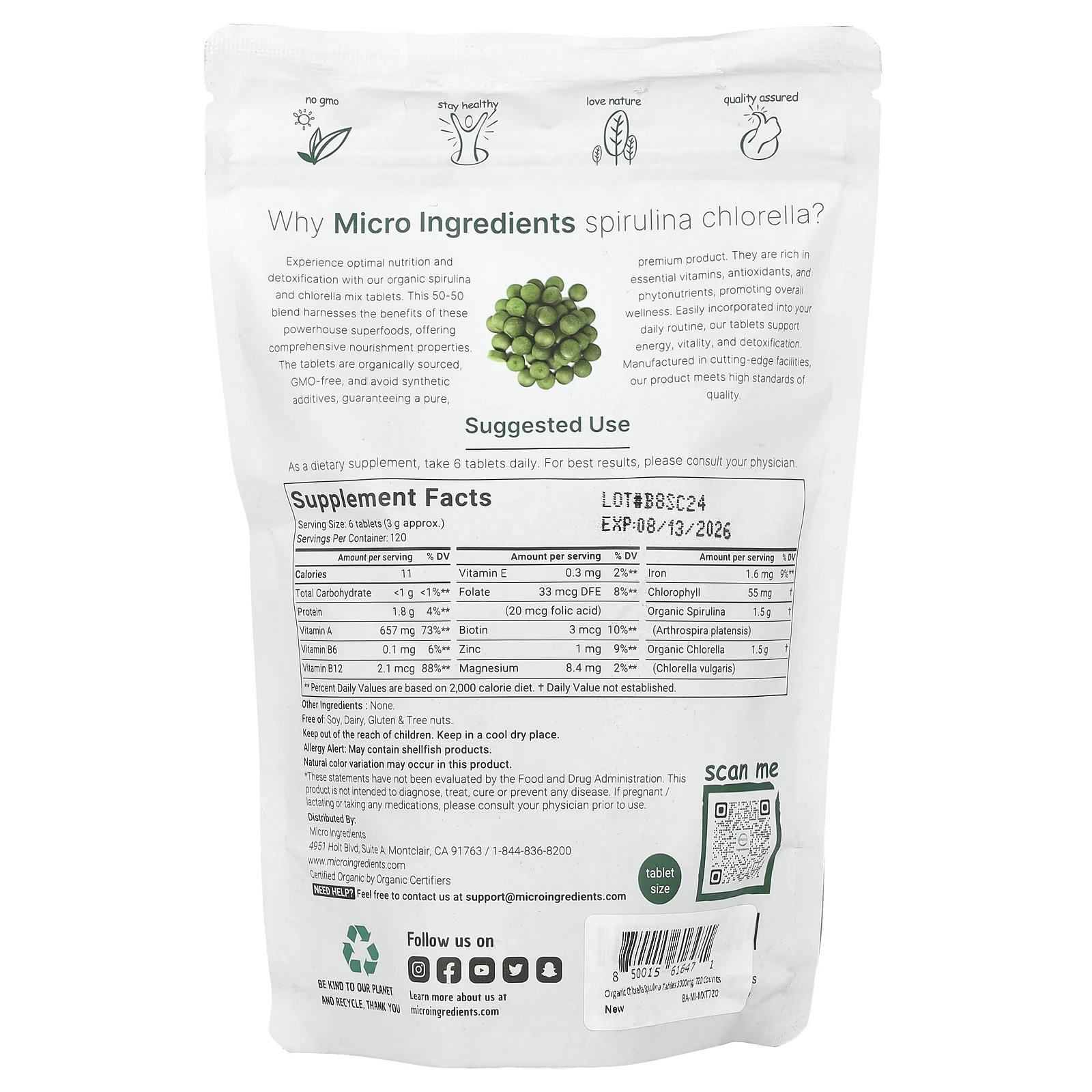 Micro Ingredients, Органическая спирулина и хлорелла, 720 таблеток