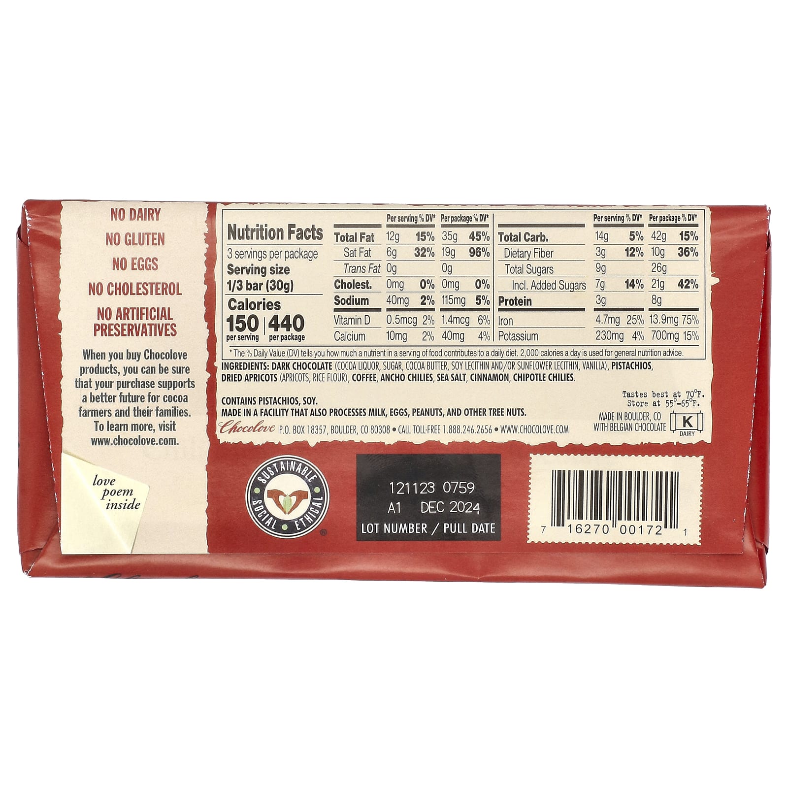 Chocolove, чили моле в горьком темном шоколаде, 70% какао, 90 г (3,2 унции)