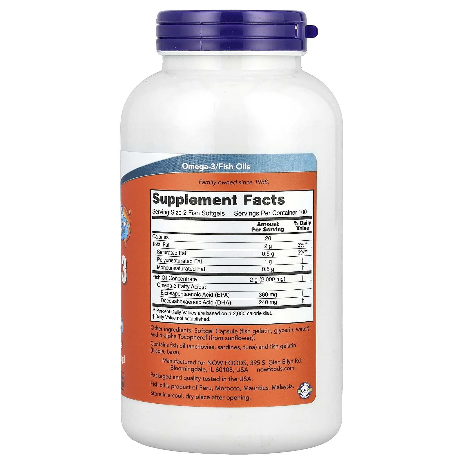 NOW Foods, омега-3, 1000 мг, 200 капсул из рыбьего желатина (1000 мг в 1 капсуле)