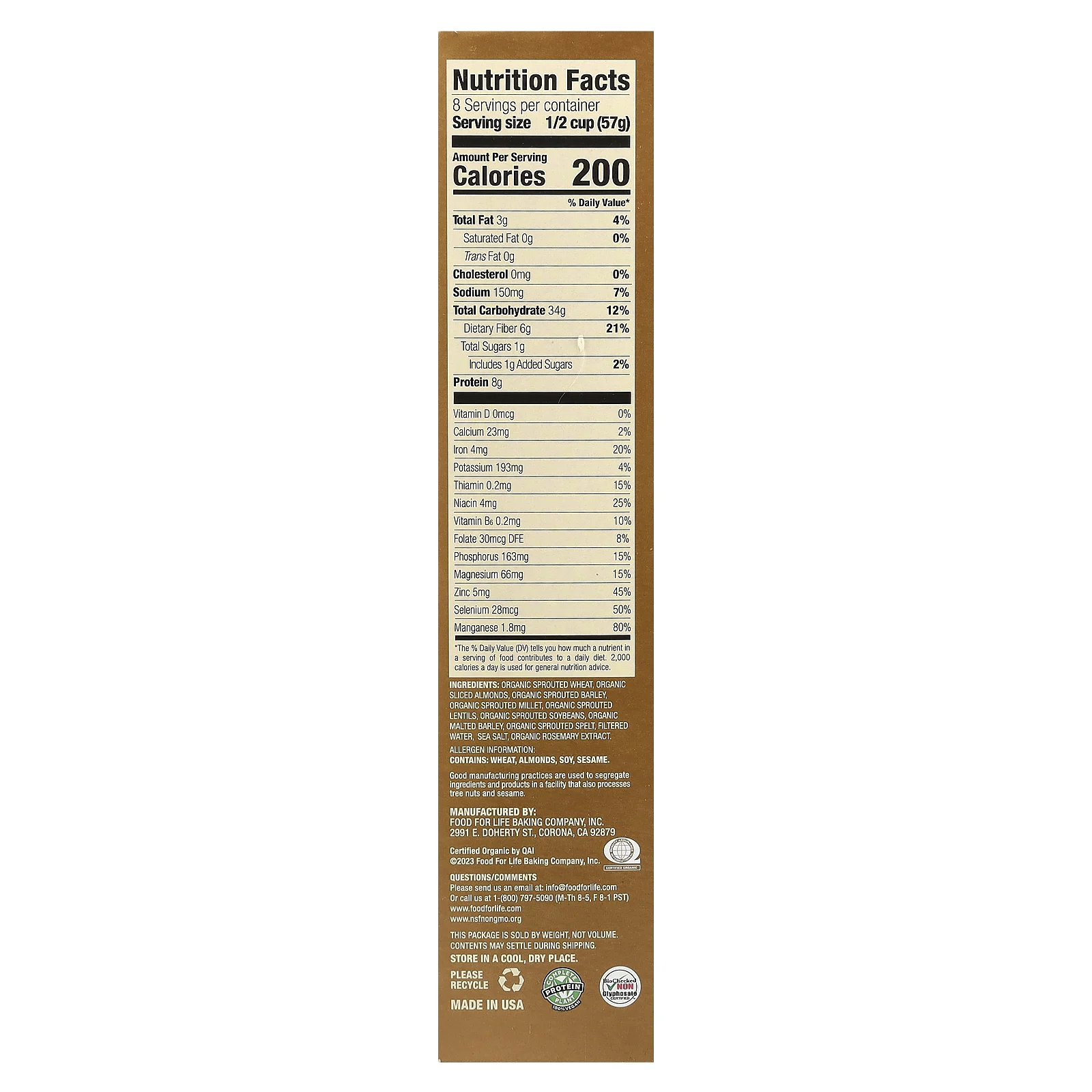 Food For Life, Иезекииль 4: 9, хрустящие хлопья с ростками, миндаль, 454 г (16 унций)