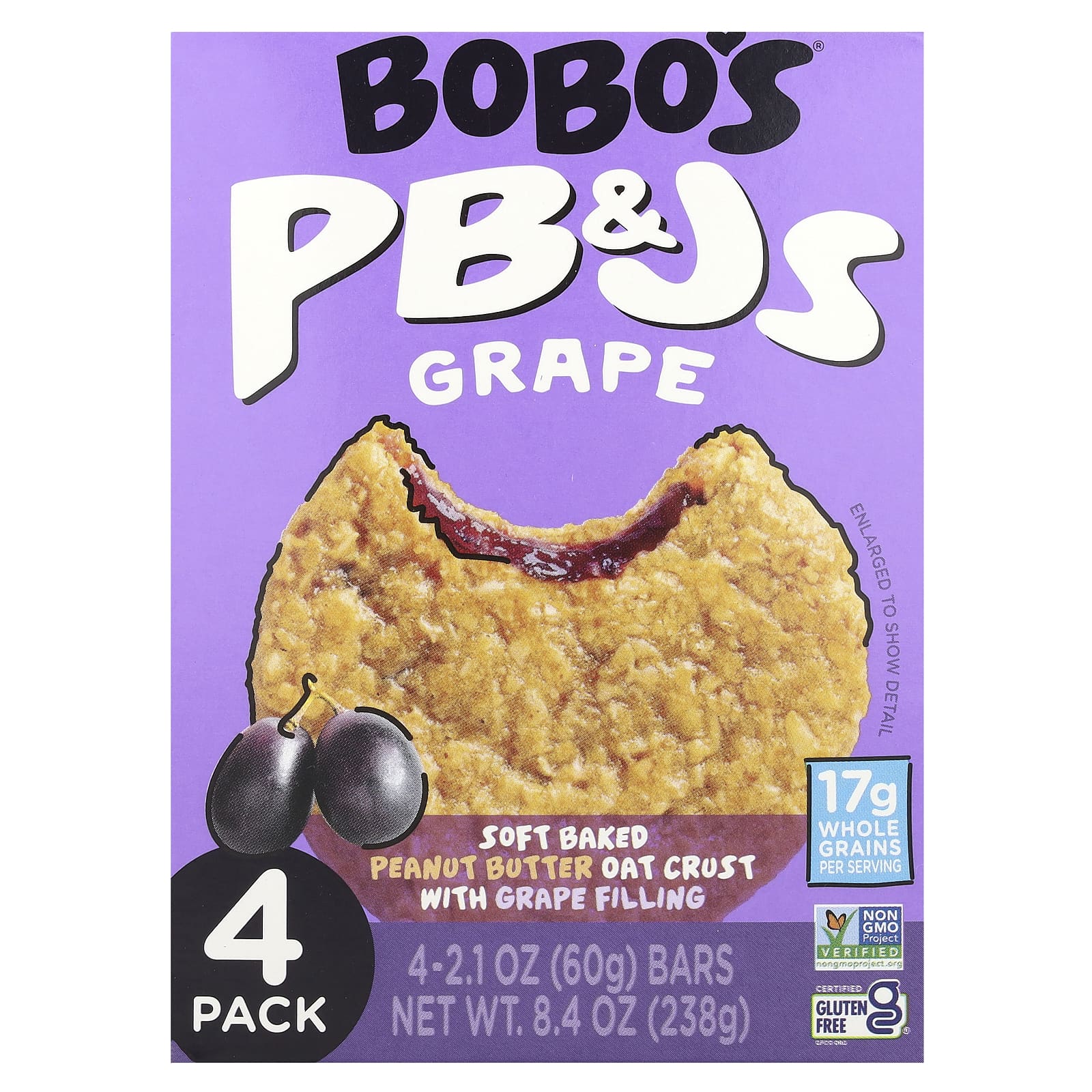 Bobo's Oat Bars, PB & Js, виноград, 4 батончика по 60 г (2,1 унции)