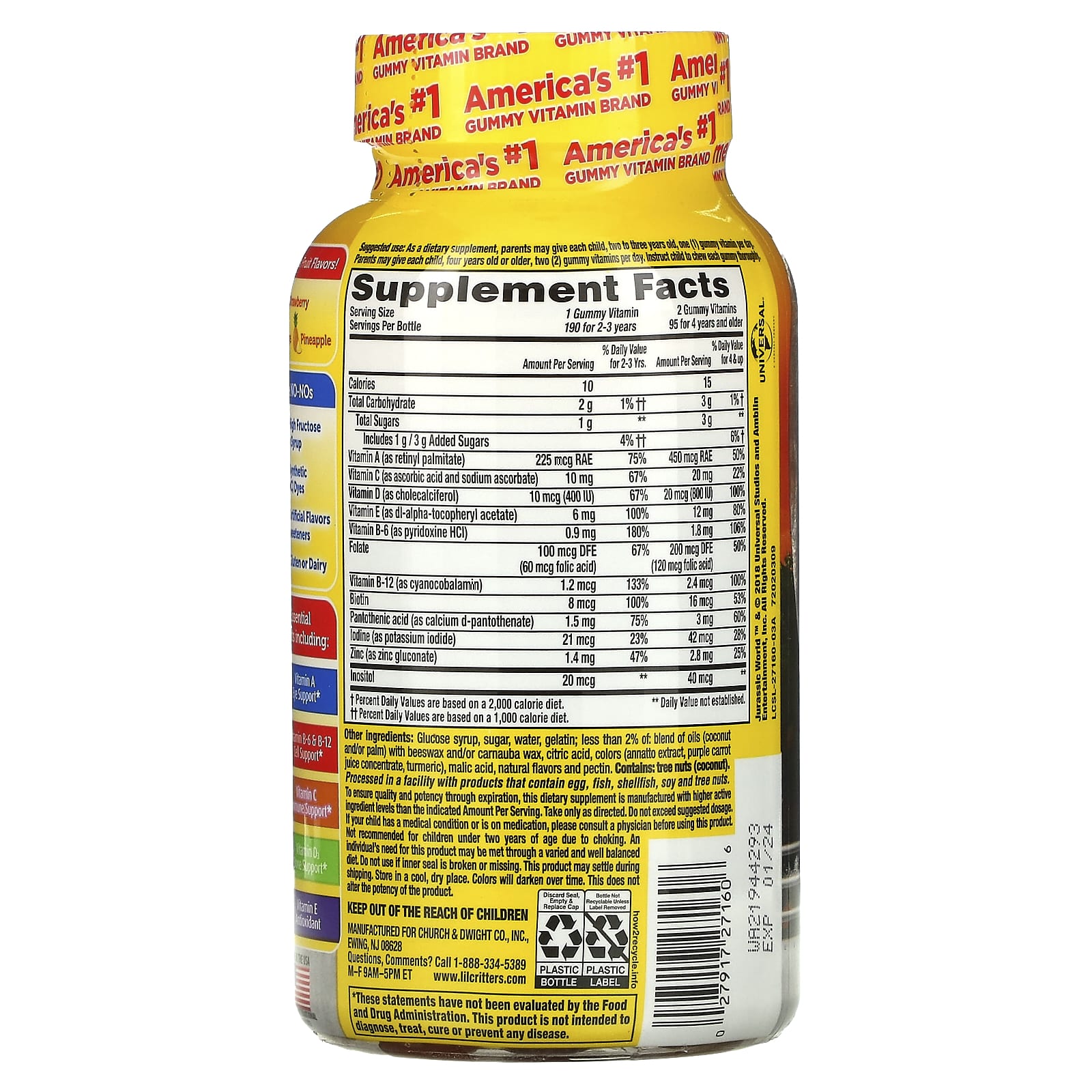 L'il Critters, комплекс мультивитаминов в жевательных таблетках, «Мир юрского периода», натуральный фруктовый вкус, 190 жевательных таблеток