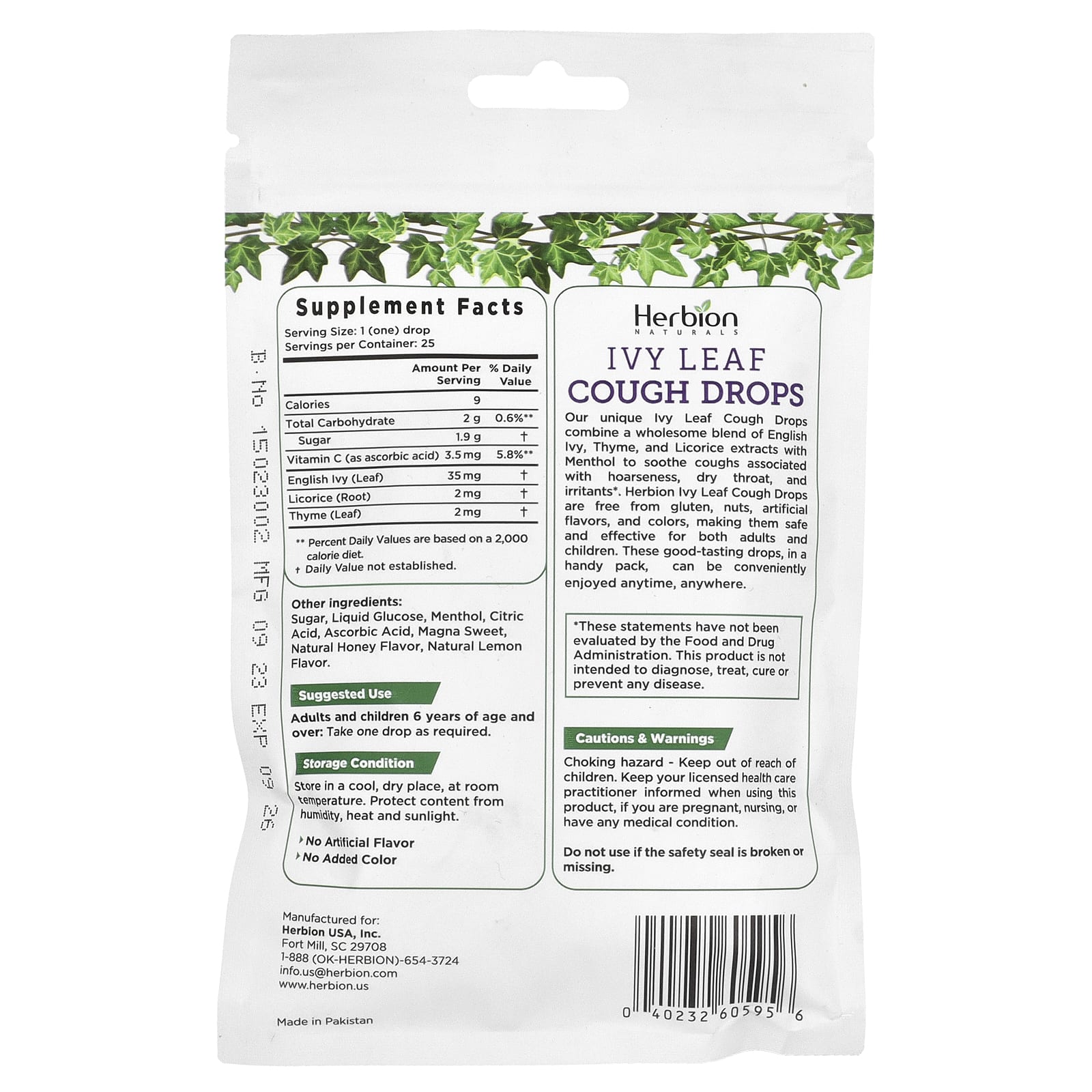 Herbion Naturals, Леденцы от кашля с листьями плюща, мед и лимон, 25 капель в индивидуальной упаковке