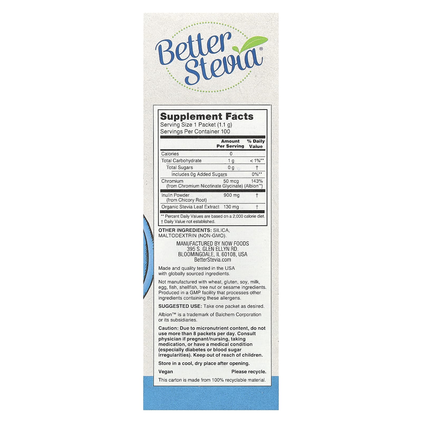 NOW Foods, Better Stevia, Balance, с хромом и инулином, 100 пакетиков по 1,1 г