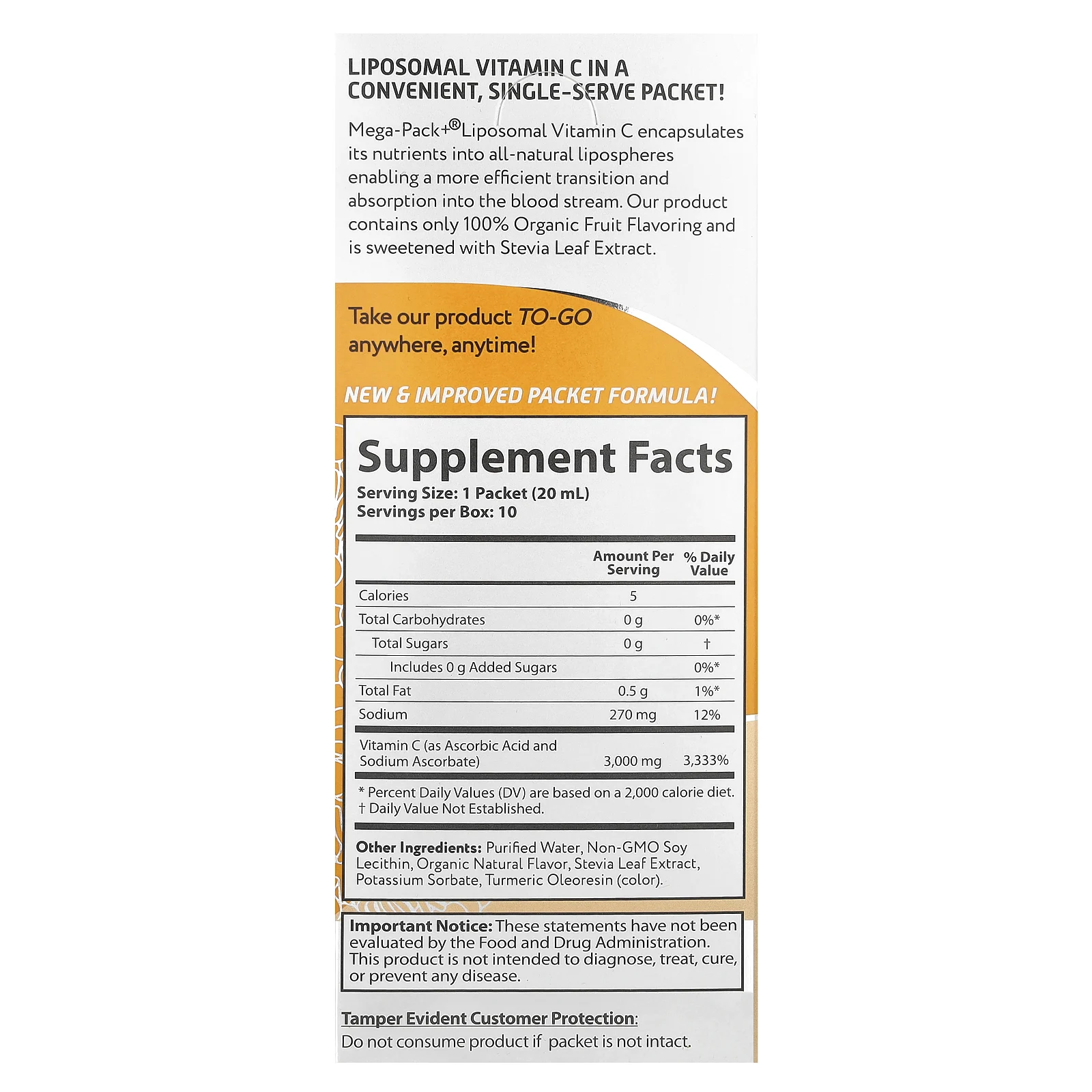 Aurora Nutrascience, Mega-Pack + ®, липосомальный витамин C, 3000 мг, 10 пакетиков по 20 мл (0,68 жидк. Унции)
