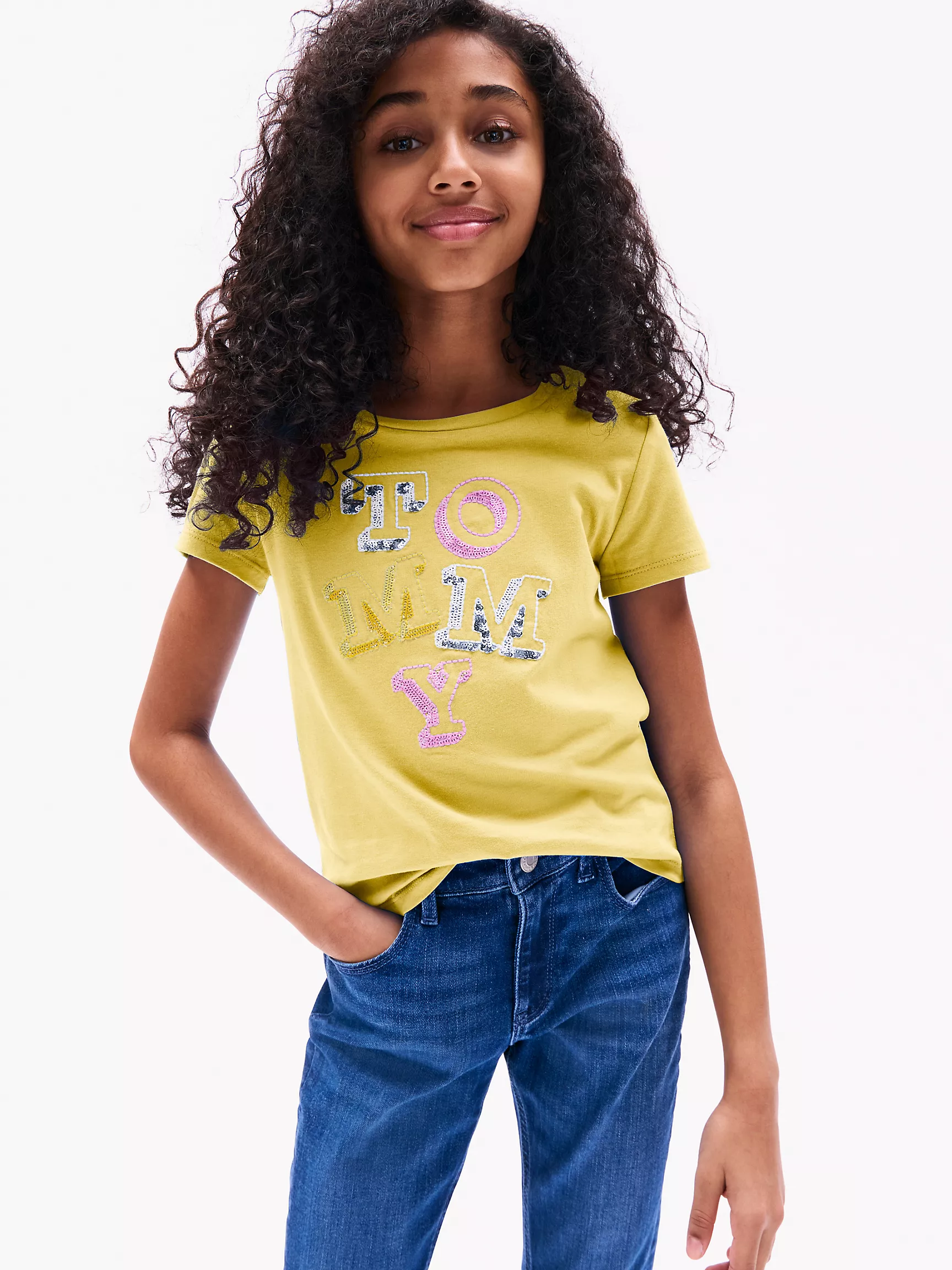 Футболка для девочек Tommy Hilfiger, Детская футболка с логотипом Tommy из пайеток