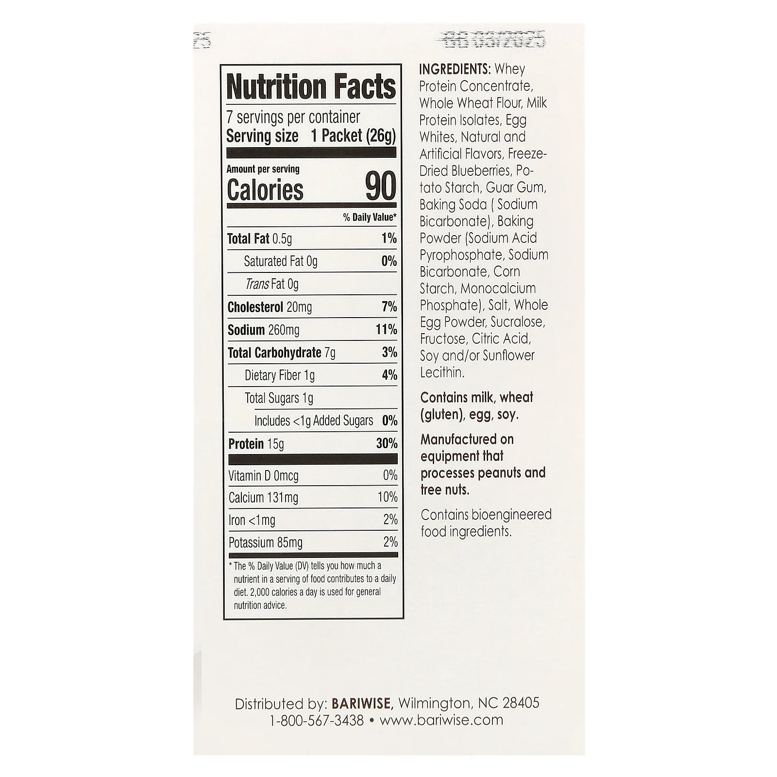 BariWise, протеиновая смесь для приготовления блинов и вафель, со вкусом голубики, 7 пакетиков по 26 г (0,92 унции)