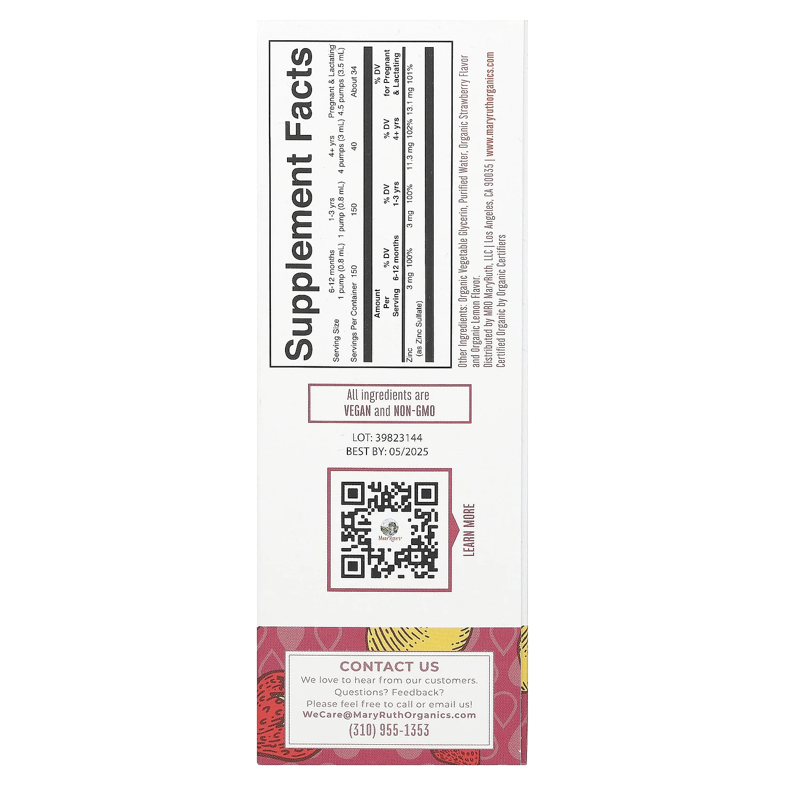 MaryRuth's, органический ионный цинк в каплях, со вкусом клубники и лимона, 120 мл (4 жидк. унции)