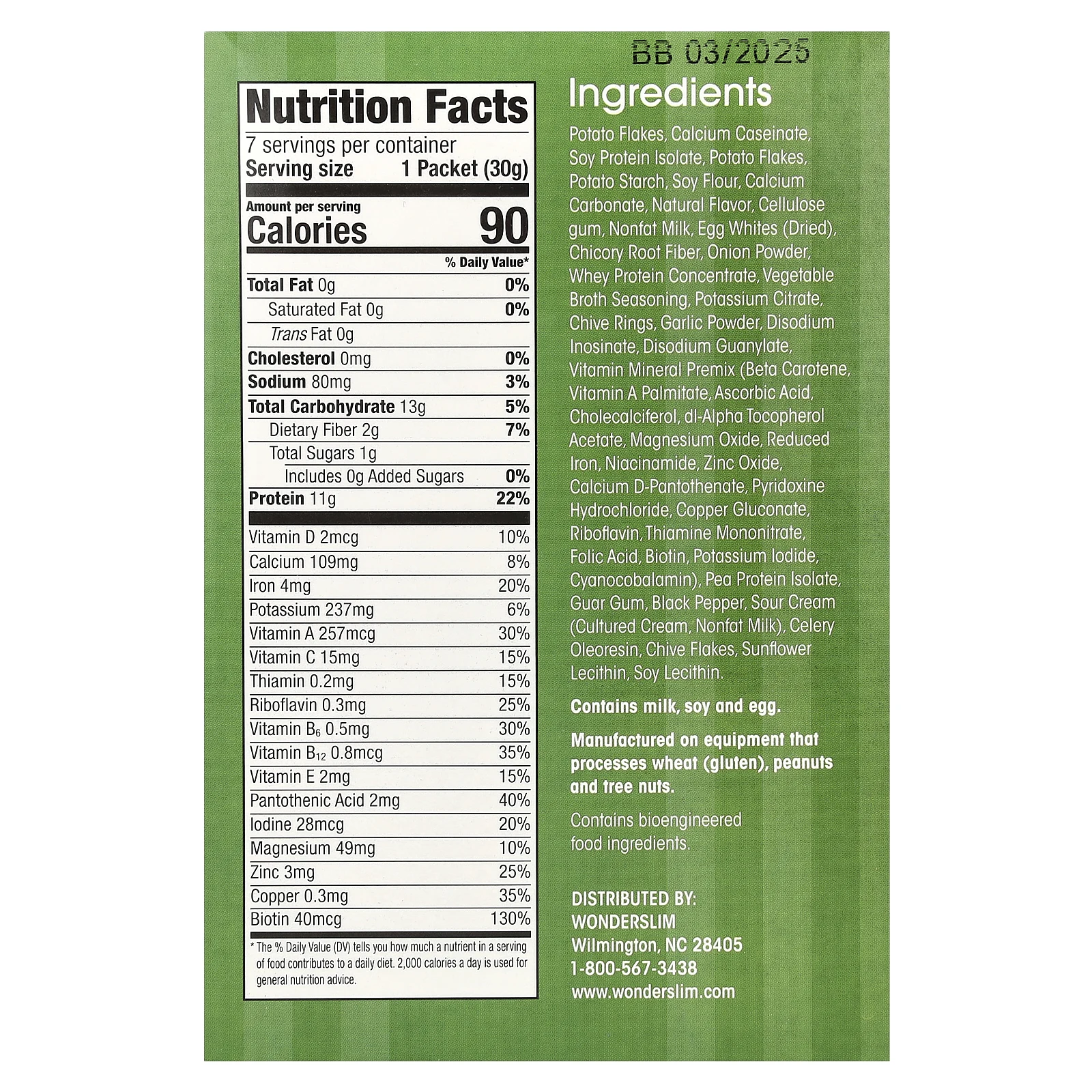 WonderSlim, протеиновое картофельное пюре, сметана и зеленый лук, 7 пакетиков по 30 г