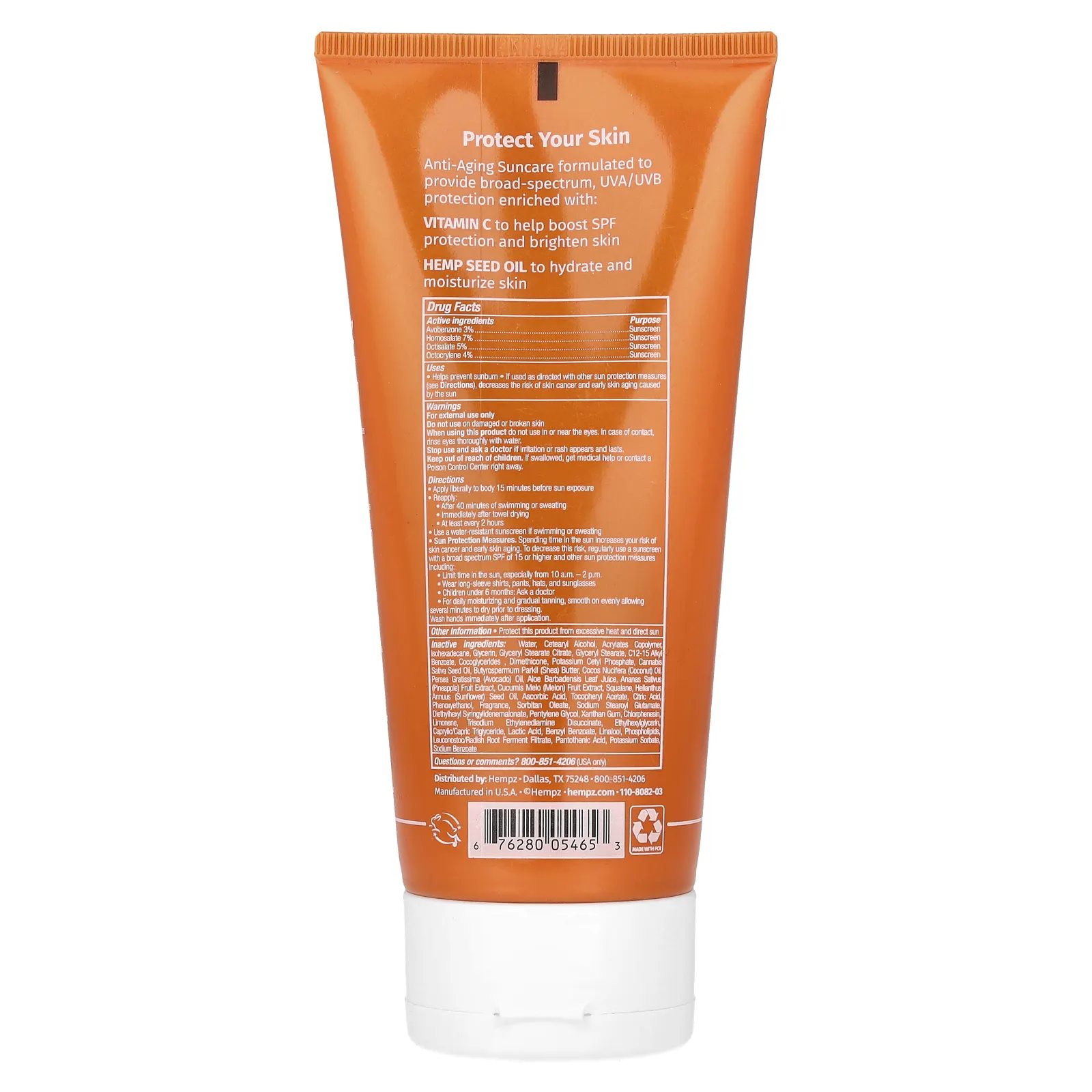 Hempz, Травяное солнцезащитное средство для тела, SPF 30, сладкий ананас и медовая дыня, 177 мл (6 жидк. Унций)