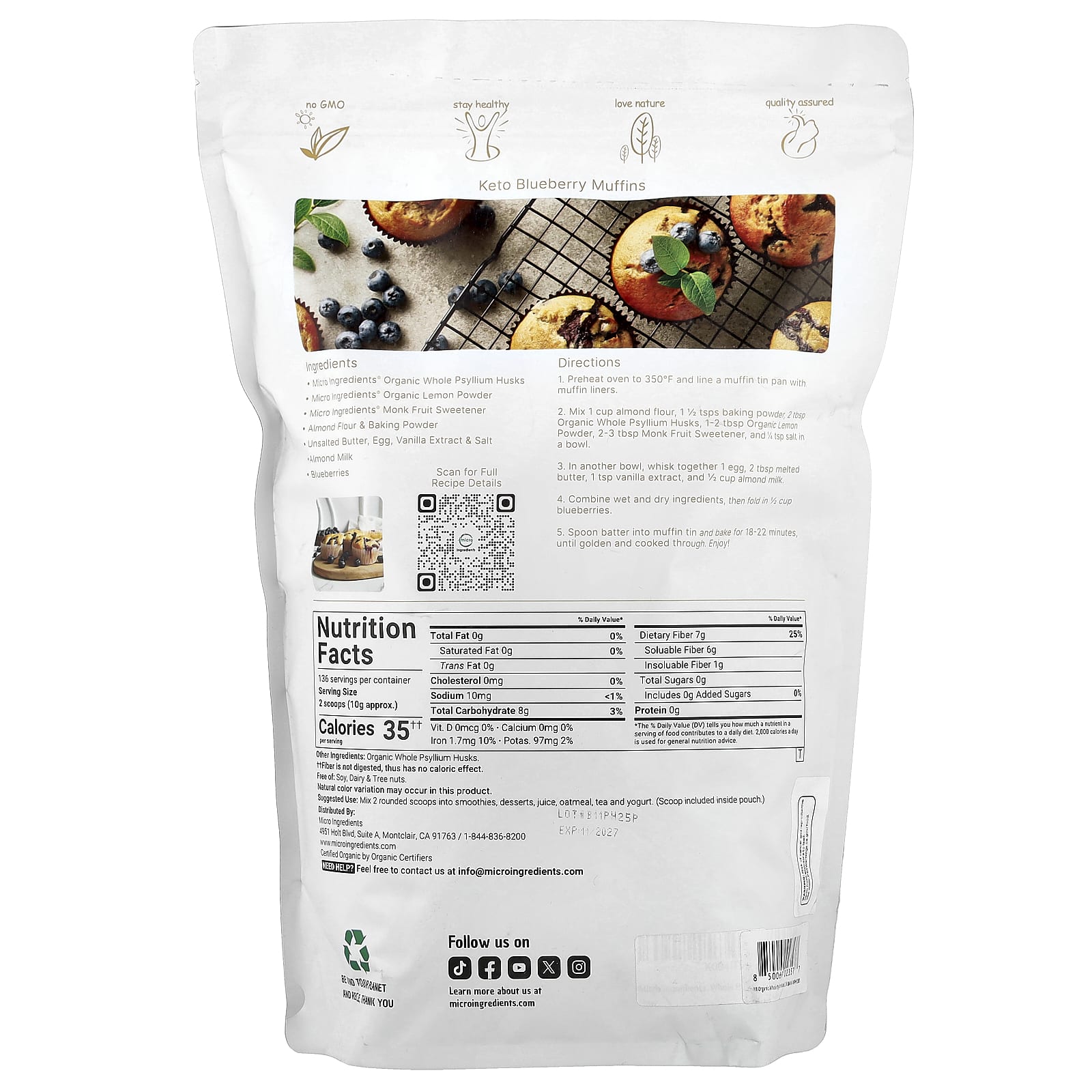 Micro Ingredients, органическая цельная шелуха семян подорожника, 1,36 кг (3 фунта)