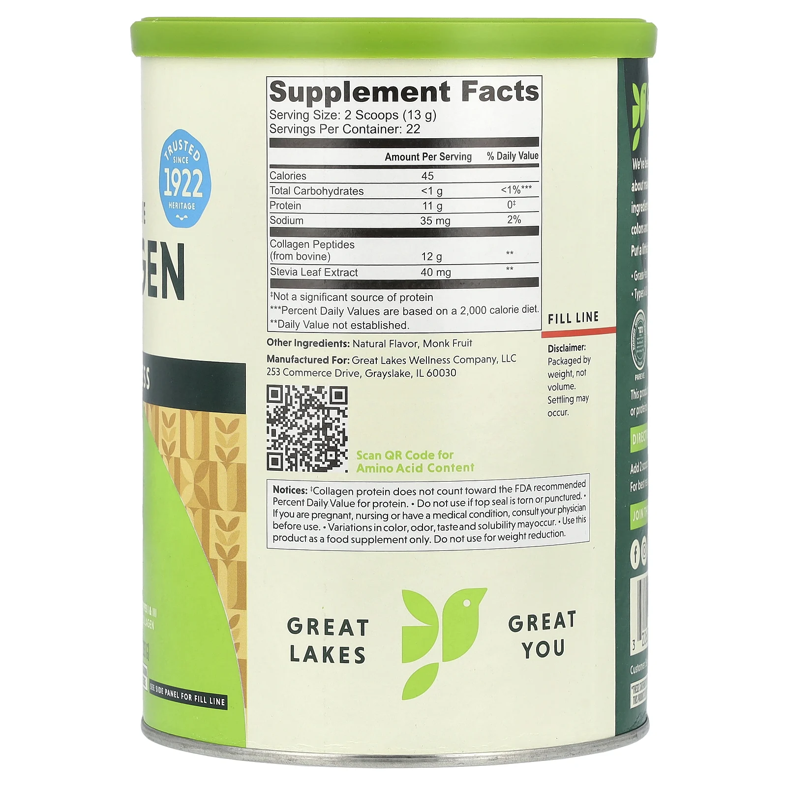 Great Lakes Wellness, Быстрорастворимые пептиды коллагена, Daily Wellness, ваниль, 283 г (10 унций)