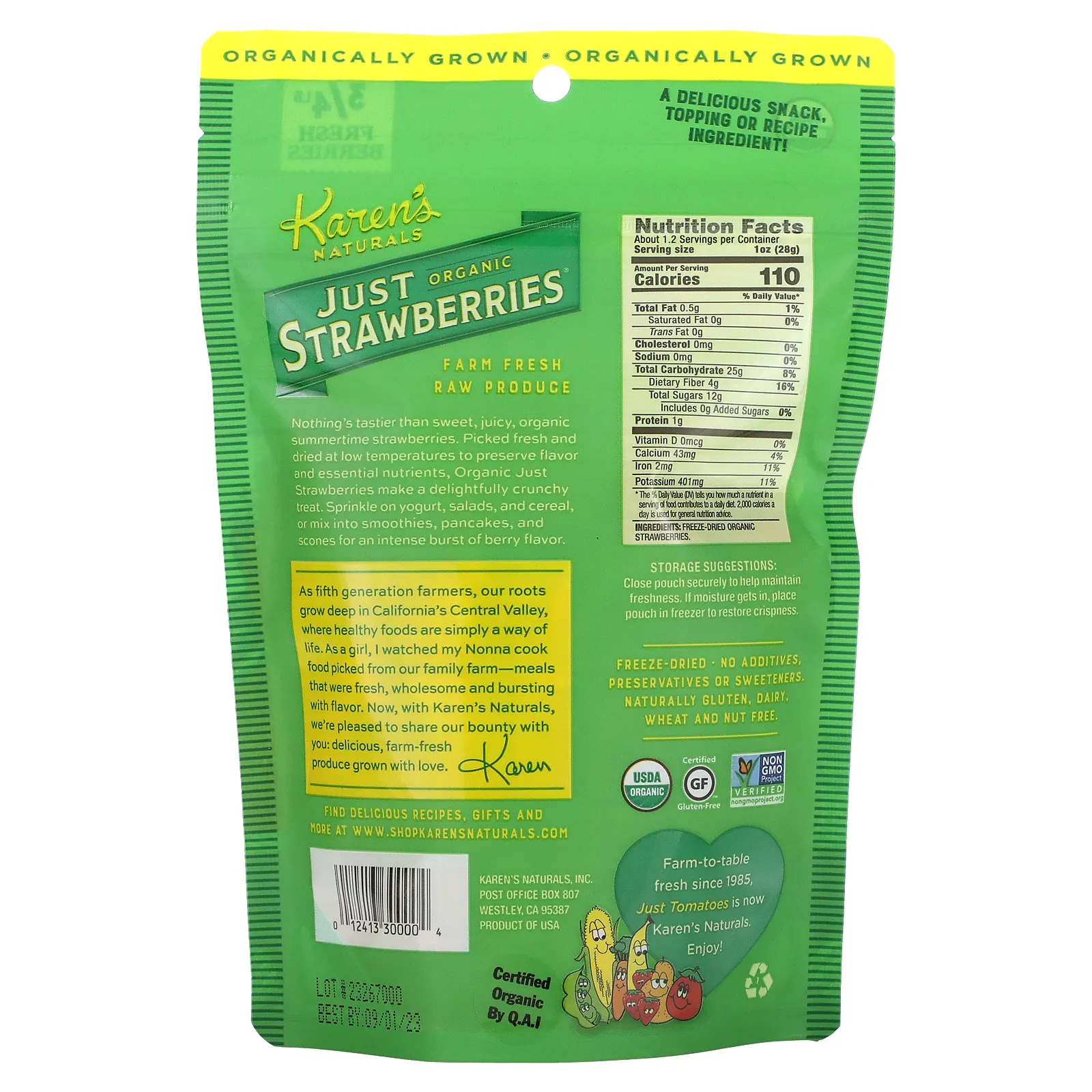 Karen's Naturals, Органическая высушенная клубника, 1.2 унций (34 г)