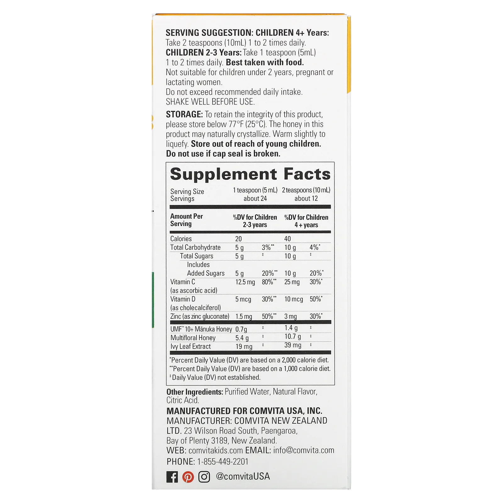 Comvita, для детей, успокаивающий сироп для приема днем, мед манука, апельсиновый вкус, 118 мл (4 жидк. унции)