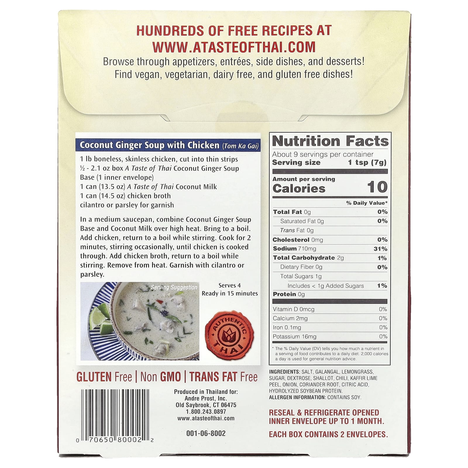 A Taste Of Thai, Основа для супа с кокосом и имбирем, 60 г (2,1 унции)