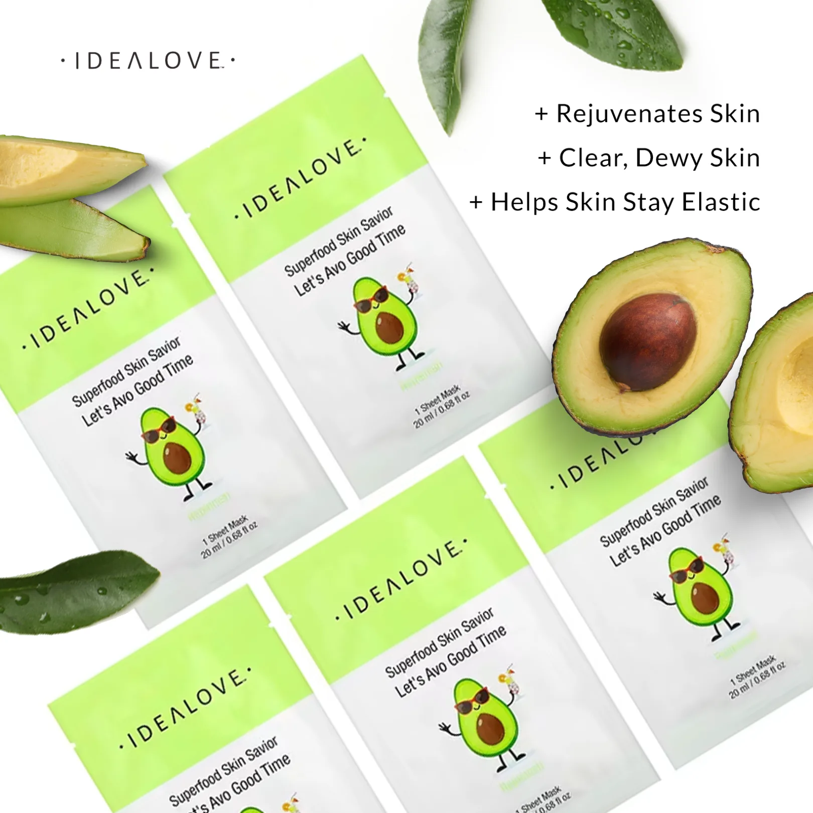 Idealove, Superfood Skin Savior, маска для лица с суперфудами, авокадо, 5 шт. по 20 мл (0,68 жидк. унции)
