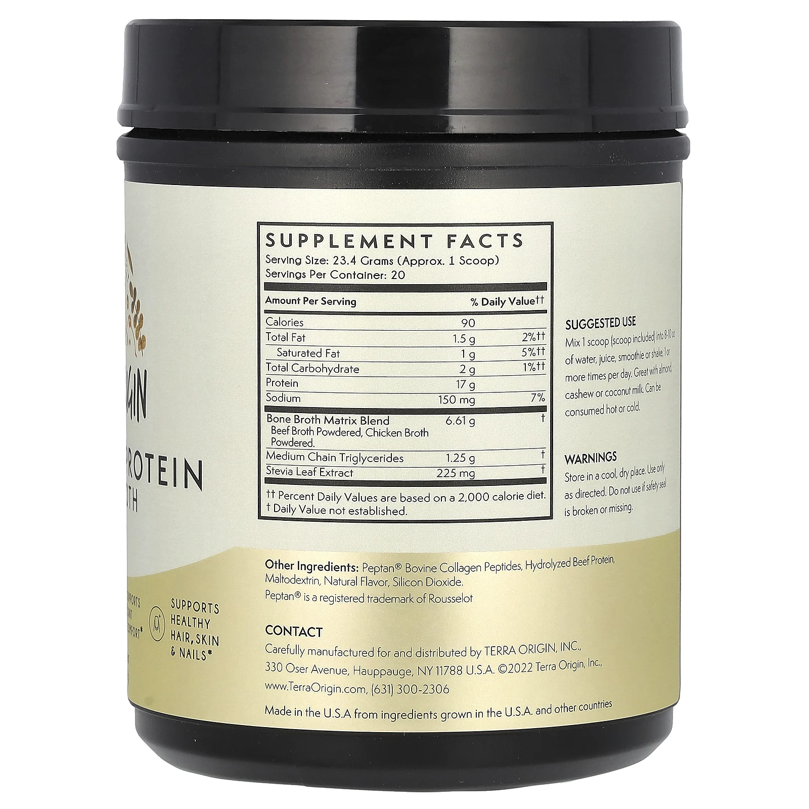 Terra Origin, Костный бульон с коллагеном и белком, ваниль, 466 г (16,43 унции)