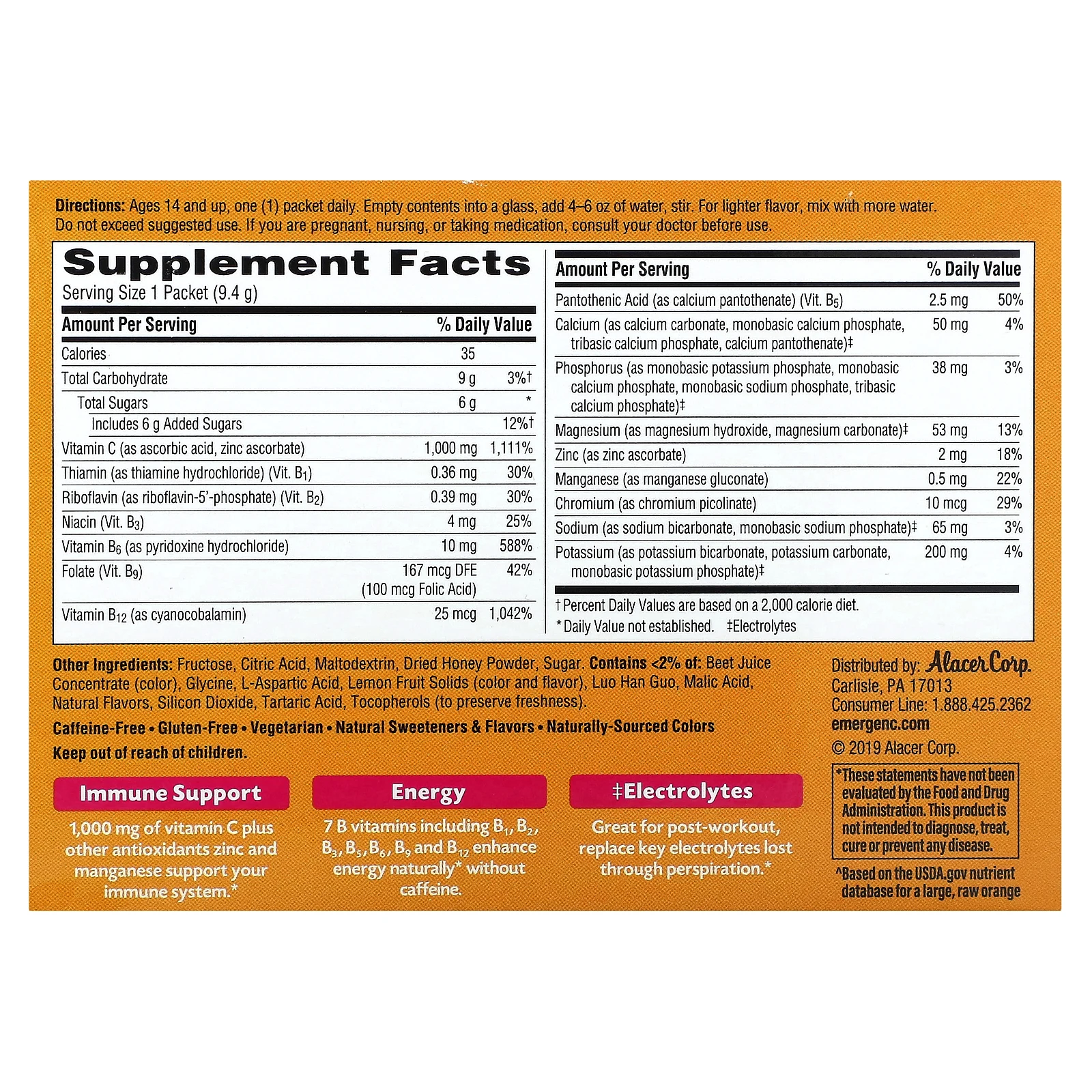 Emergen-C, Витамин C, смесь ароматизированных газированных напитков, розовый лимонад, 1000 мг, 30 пакетиков по 9,4 г (0,33 унции)
