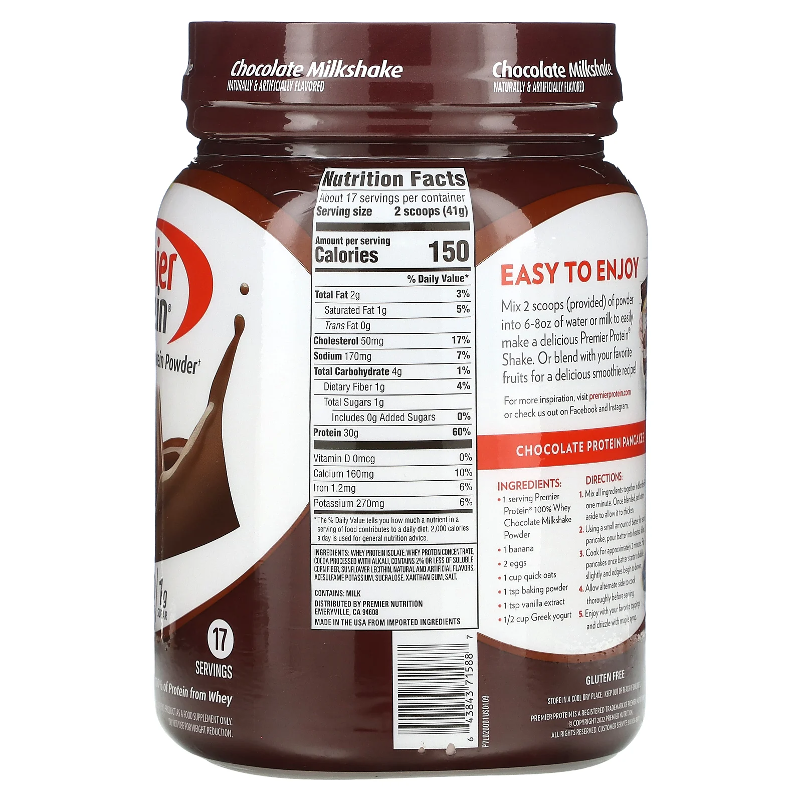 Premier Protein, Порошок из 100% сывороточного протеина, шоколадный молочный коктейль, 697 г (1 фунт 8 унций)