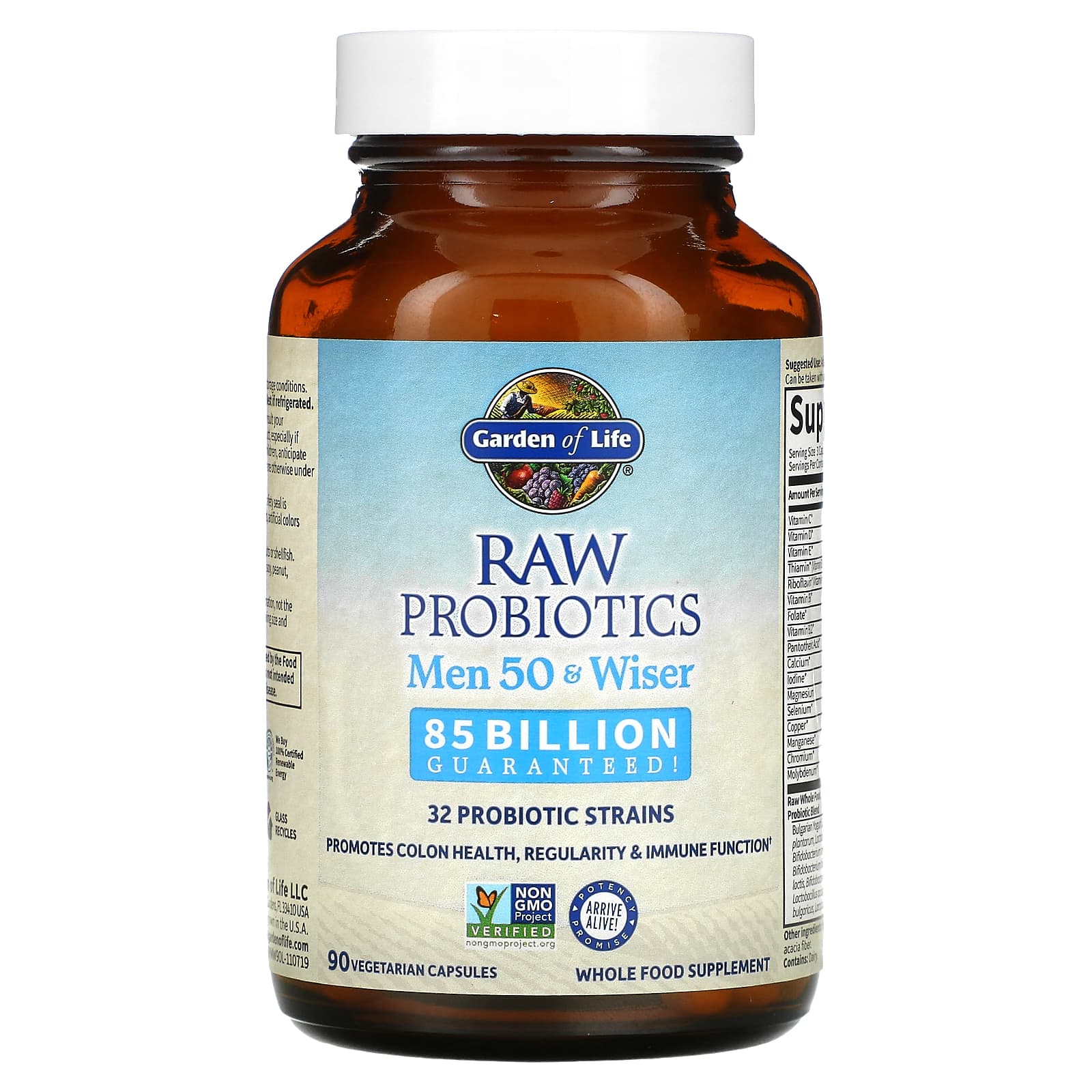 Garden of Life, RAW Probiotics, витамины для мужчин от 50 лет, 85 млрд, 90 вегетарианских капсул (28,33 млн живых культур в 1 капсуле)