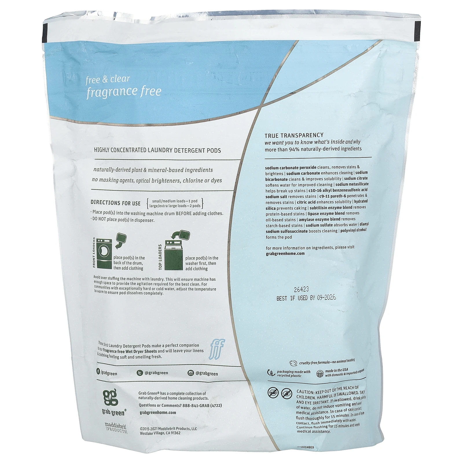 Grab Green, Капсулы со стиральным порошком «3 в 1», без запаха, 60 загрузок, 1080 г (2 фунта), 6 унций