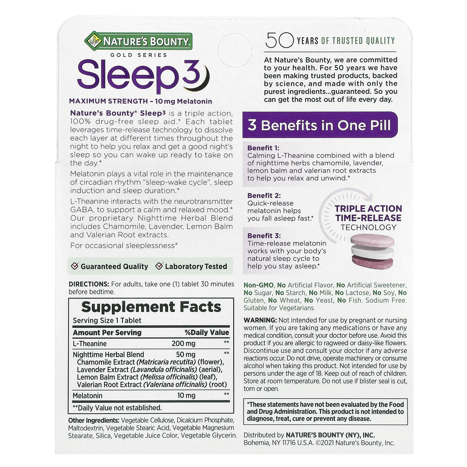 Nature's Bounty, Sleep 3, средство для снятия максимальной эффективности, без наркотиков, 30 трехслойных таблеток