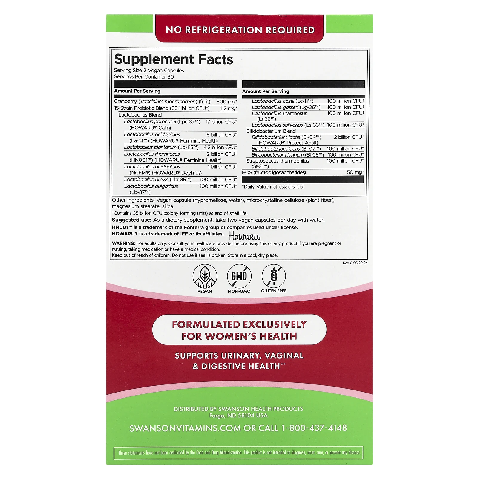 Swanson, Ежедневный пробиотик и пребиотик ФОС для женщин с клюквой, 35 млрд КОЕ, 60 веганских капсул