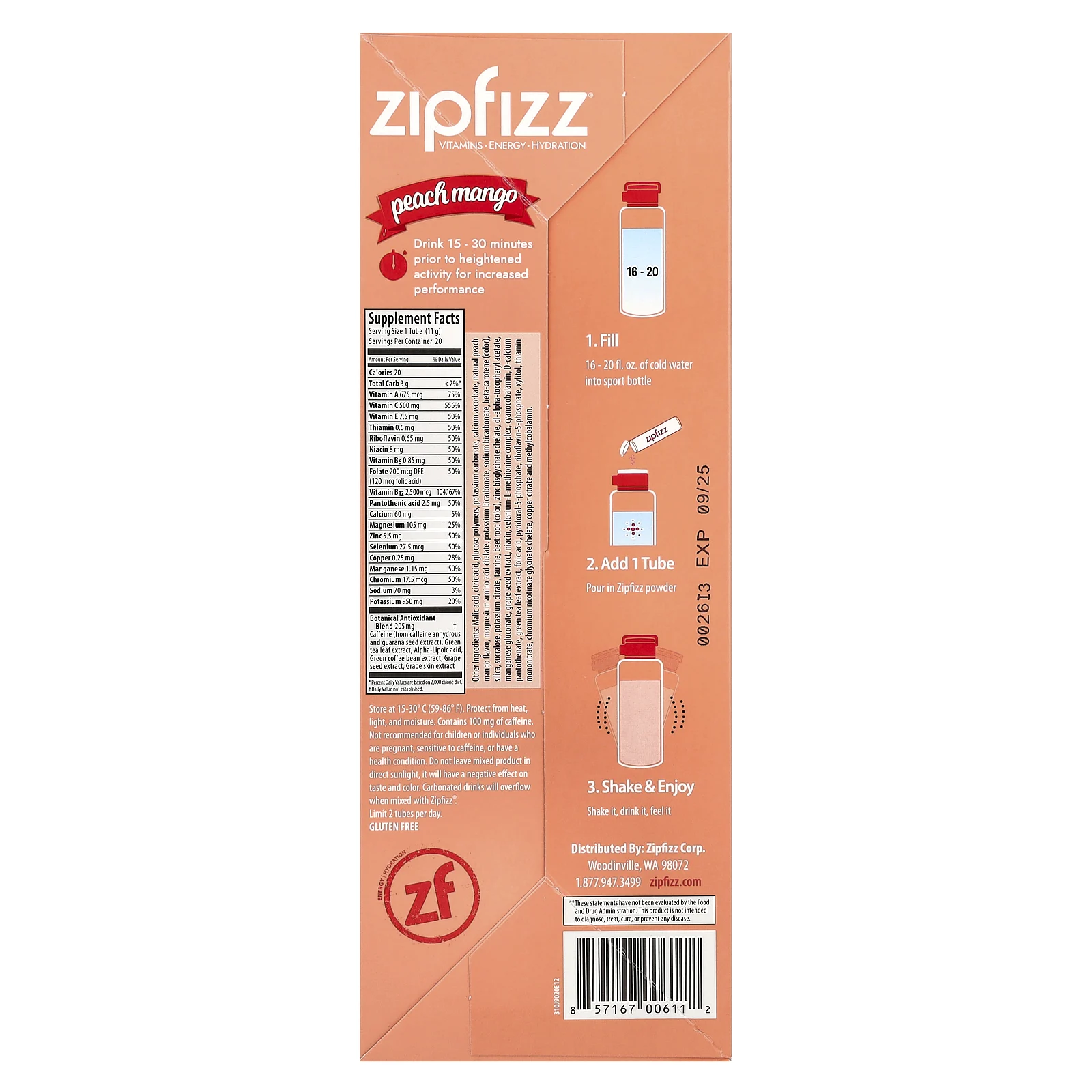 Zipfizz, Энергетическая смесь для здорового спорта с витамином B12, персик и манго, 20 тюбиков по 11 г (0,39 унции)