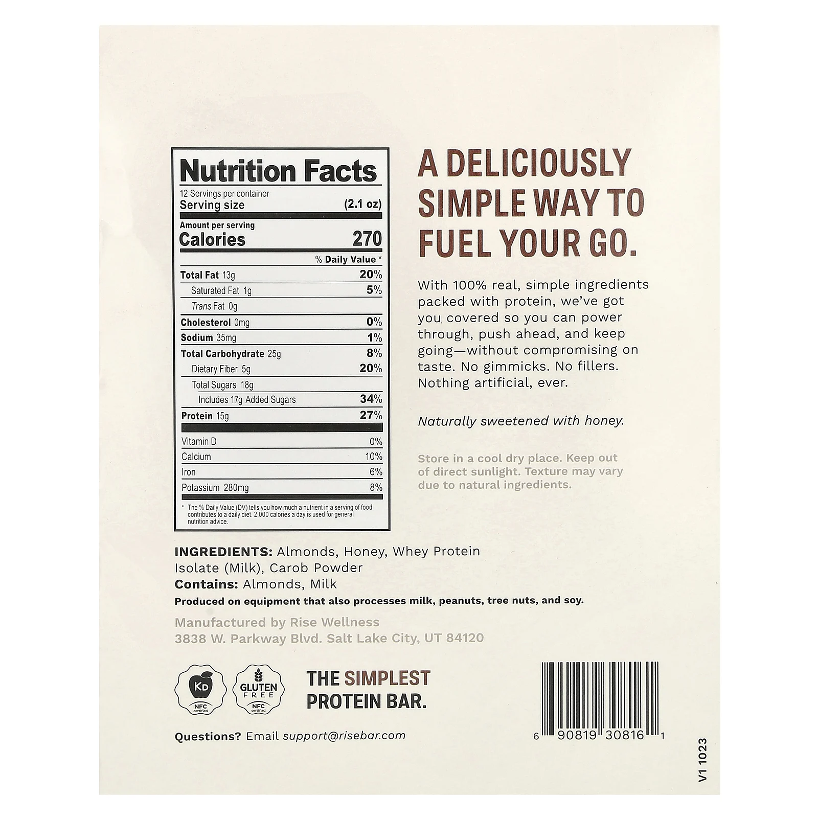 Rise Bar, The Simplest Protein, протеиновый батончик, с шоколадным вкусом миндаля, 12 батончиков по 60 г (2,1 унции)