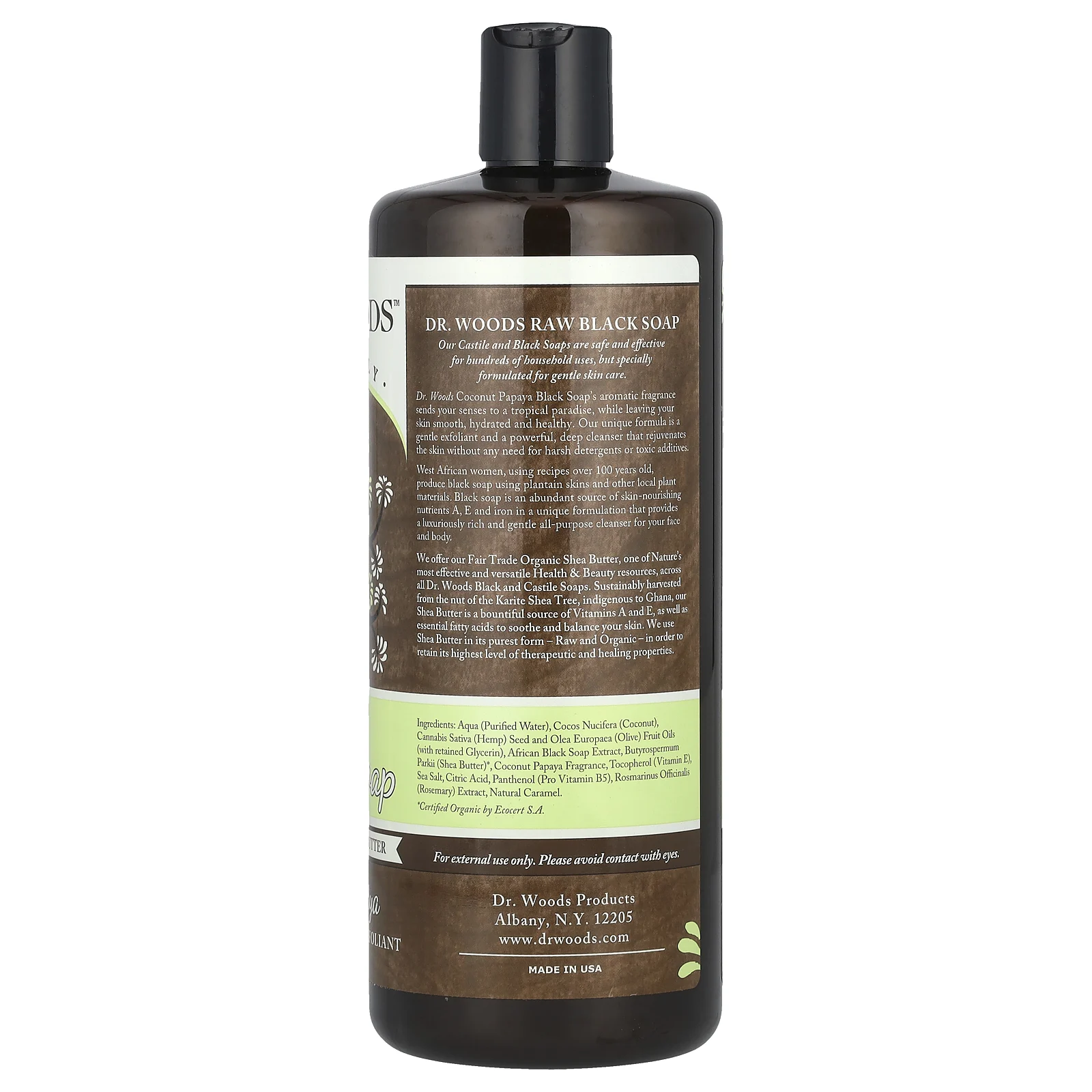Dr. Woods, неочищенное черное мыло, масло ши, приобретенное на основе принципов справедливой торговли, кокос и папайя, 946 мл (32 жидк. унции)