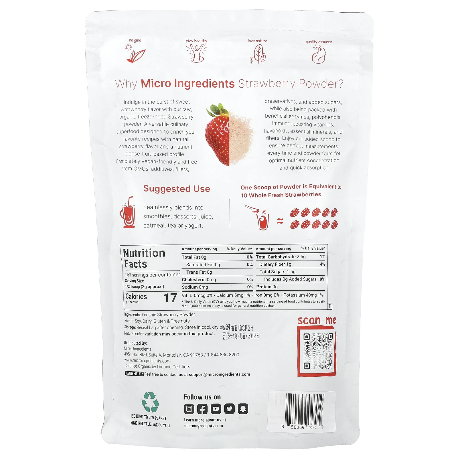 Micro Ingredients, Органический клубничный порошок, 454 г (1 фунт)