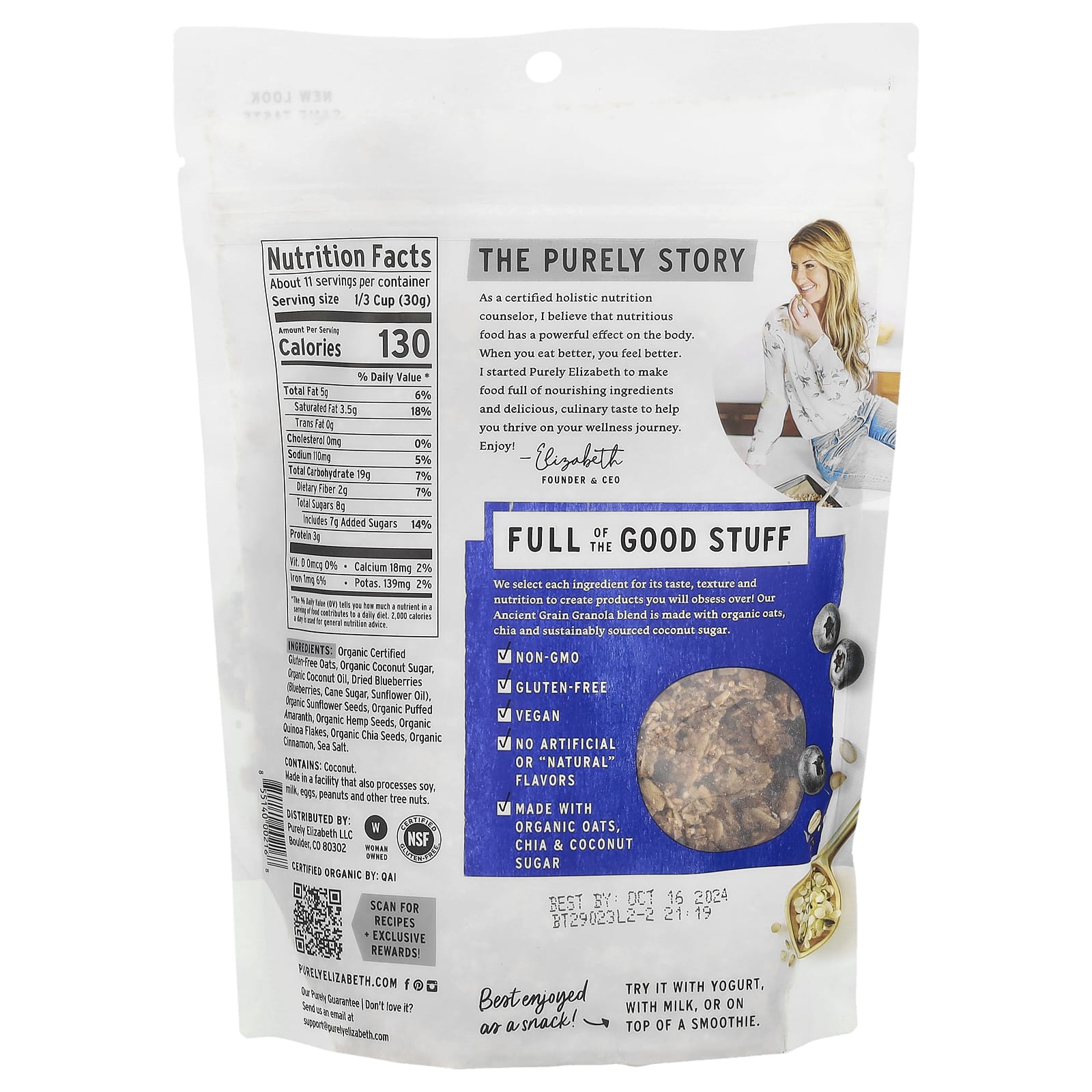 Purely Elizabeth, Ancient Grain Granola, черника и конопля, 340 г (12 унций)