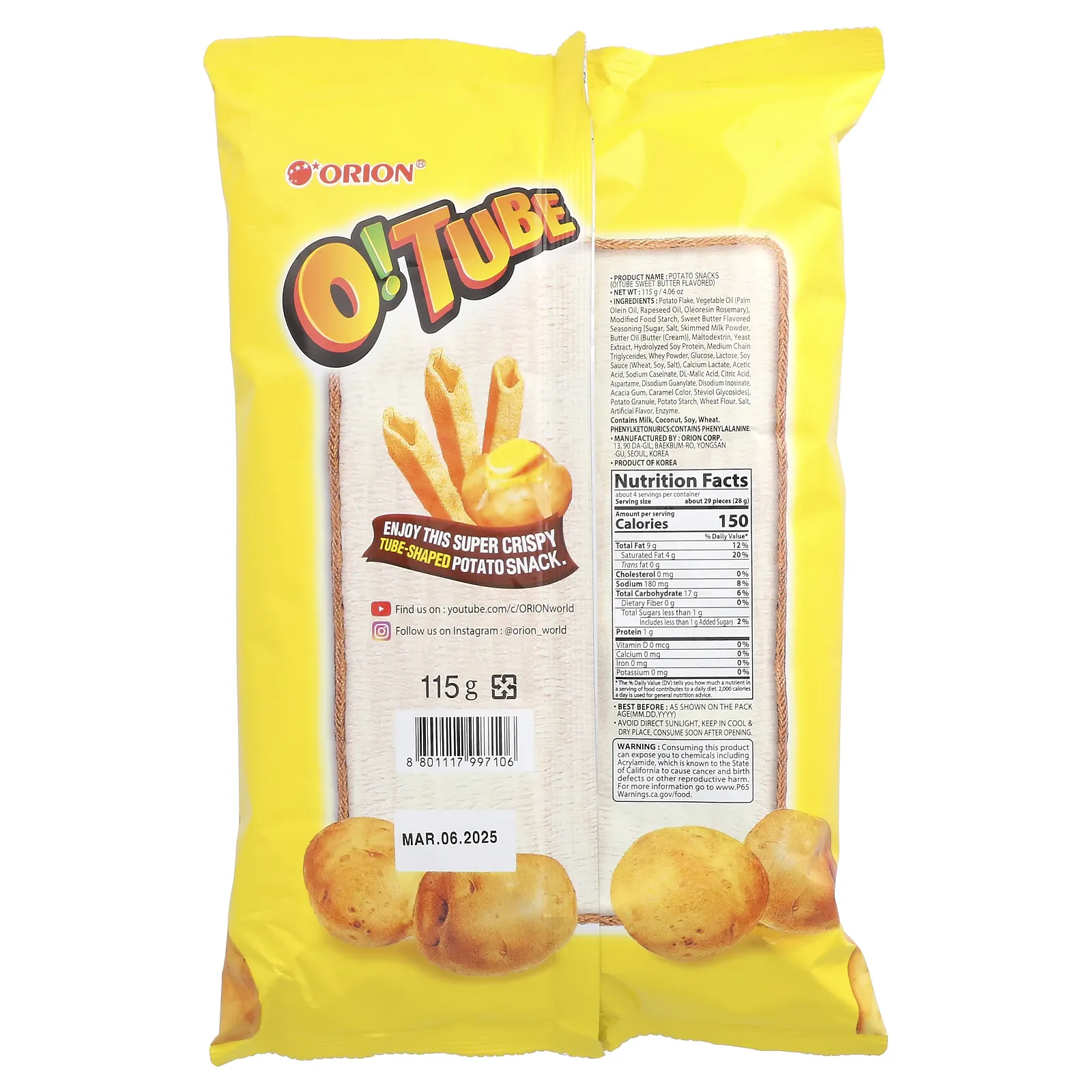 Orion, О! Картофельные снеки, сладкое масло в тюбиках, 115 г (4,06 унции)