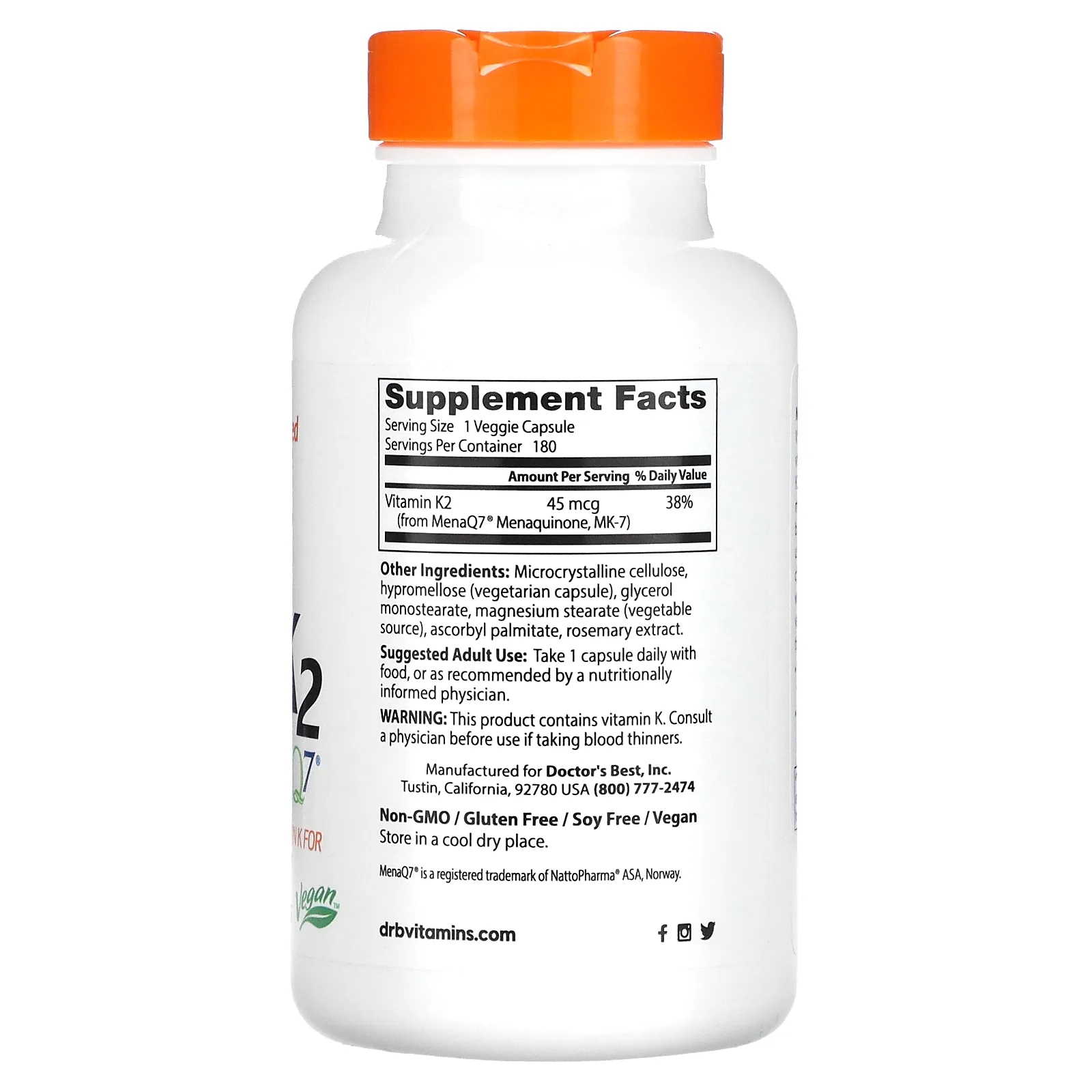 Doctor's Best, натуральный витамин K2 MK-7 с MenaQ7, 45 мкг, 180 вегетарианских капсул