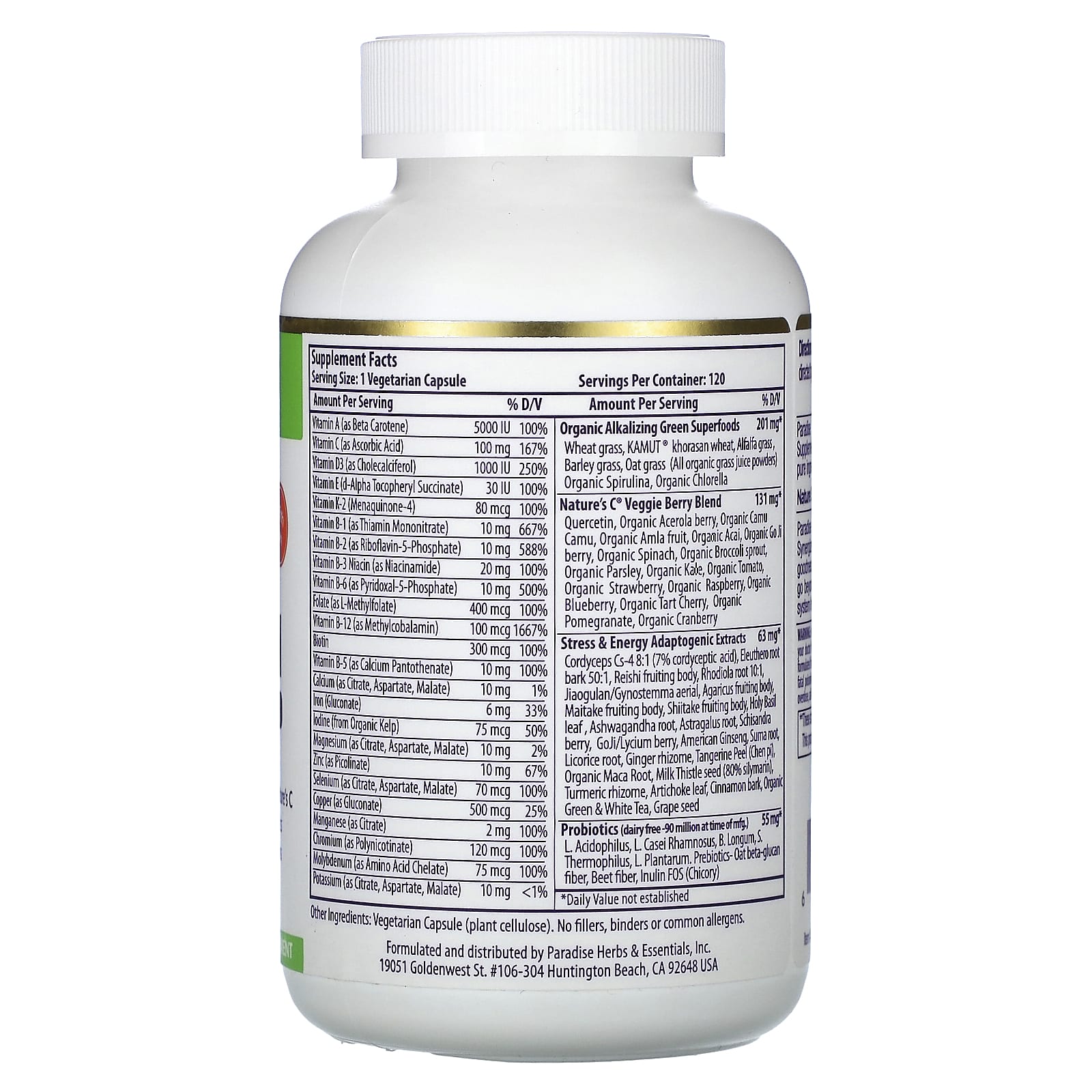 Paradise Herbs, Earth's Blend, комплекс суперфудов и мультивитаминов с железом, для приема один раз в день, 120 вегетарианских капсул