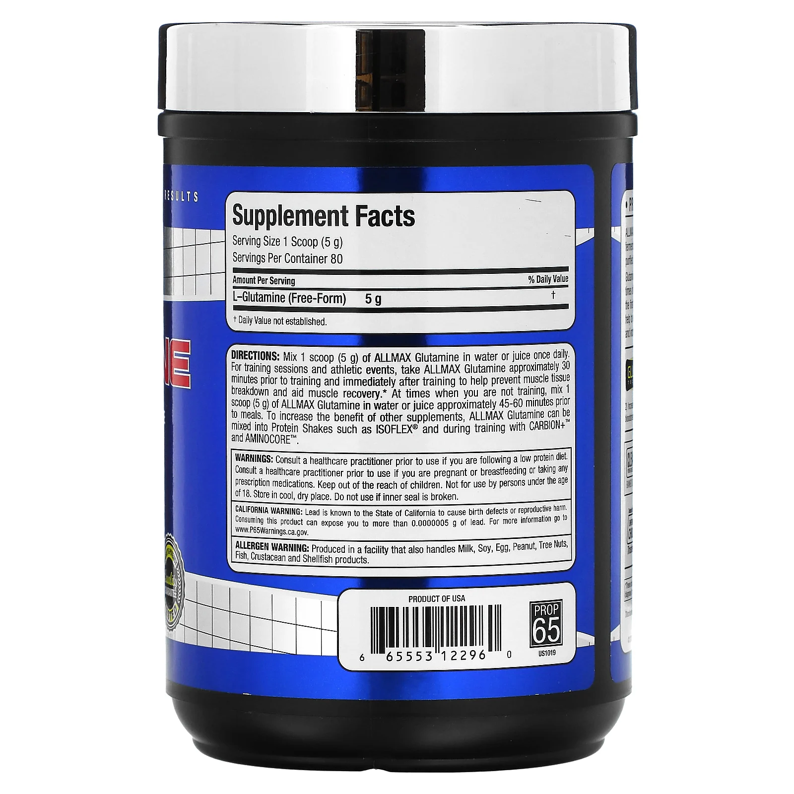 ALLMAX, 100% чистый микронизированный глутамин, без глютена, веганский продукт, с сертификатом кошерности, 400 г (14,1 фунтов)