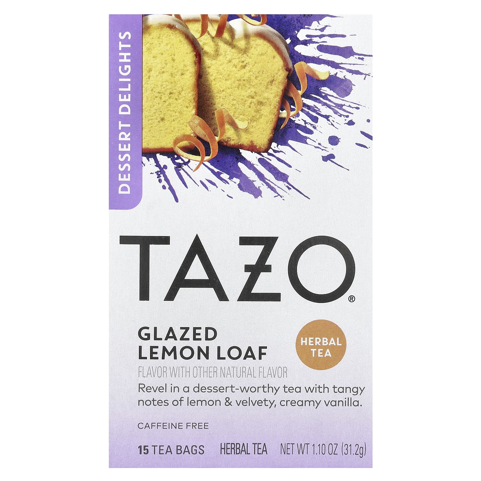 Tazo Teas, Dessert Delights, травяной чай, лимонная буханка в глазури, без кофеина, 15 чайных пакетиков, 31,2 г (1,10 унции)