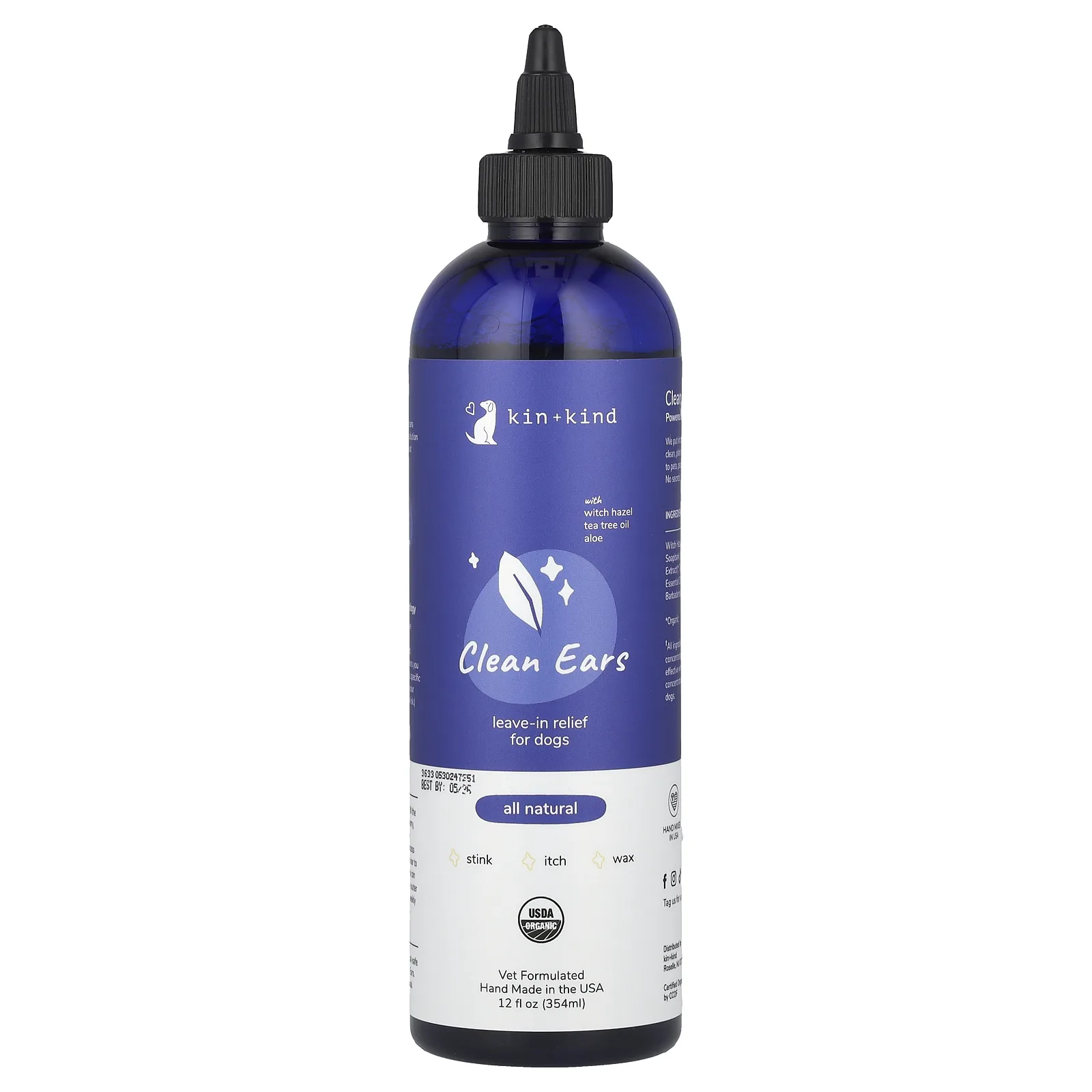 Kin+Kind, Clean Ears, несмываемое средство для собак, 354 мл (12 жидк. унц.)