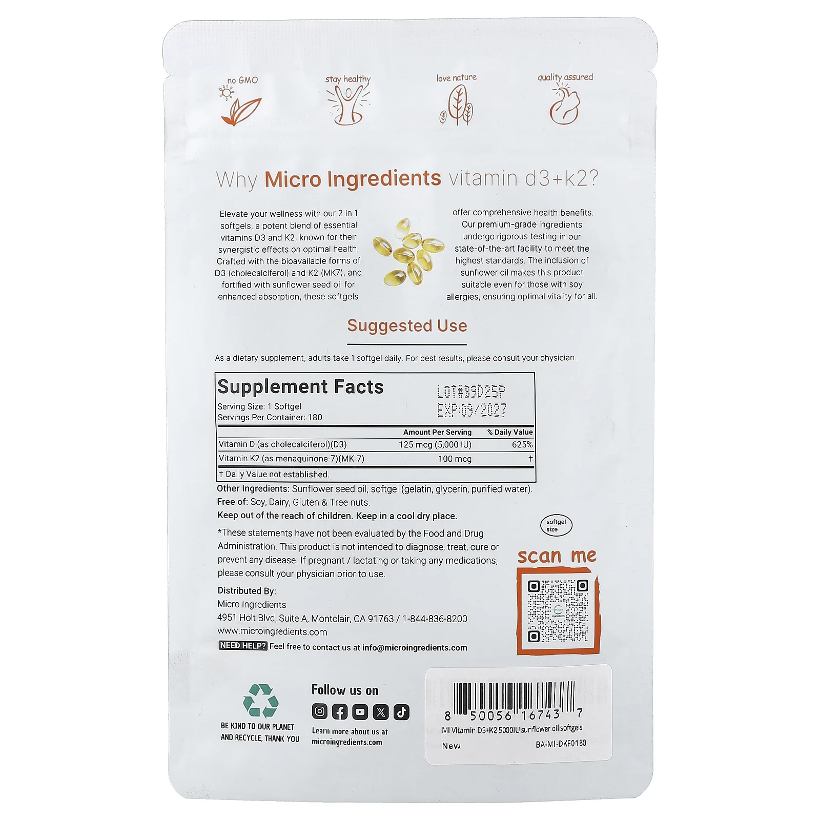 Micro Ingredients, витамины D3 и К2, 180 капсул
