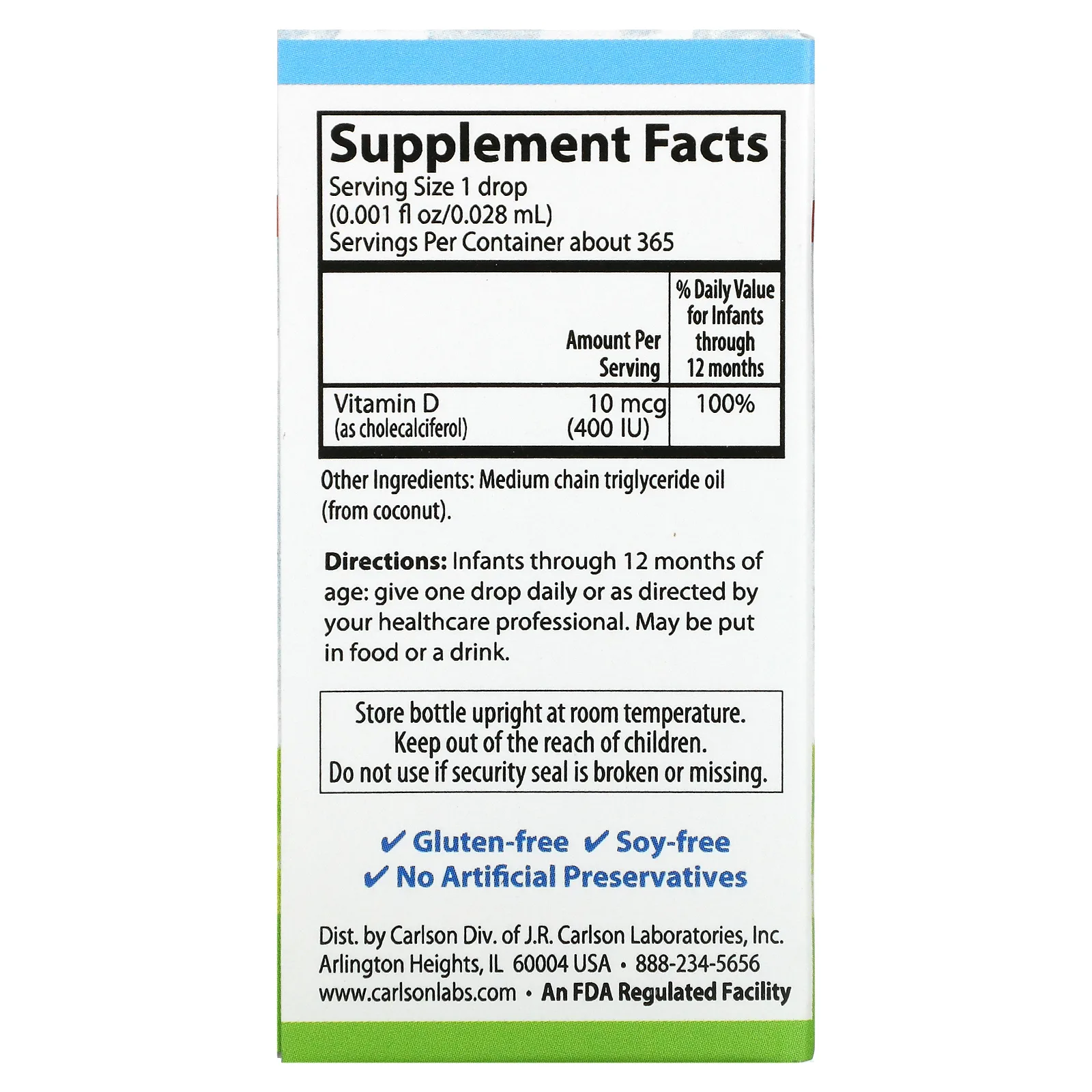 Carlson, Super Daily, витамин D3 для детей, 10 мкг (400 МЕ), 10,3 мл (0,35 жидк. унций)