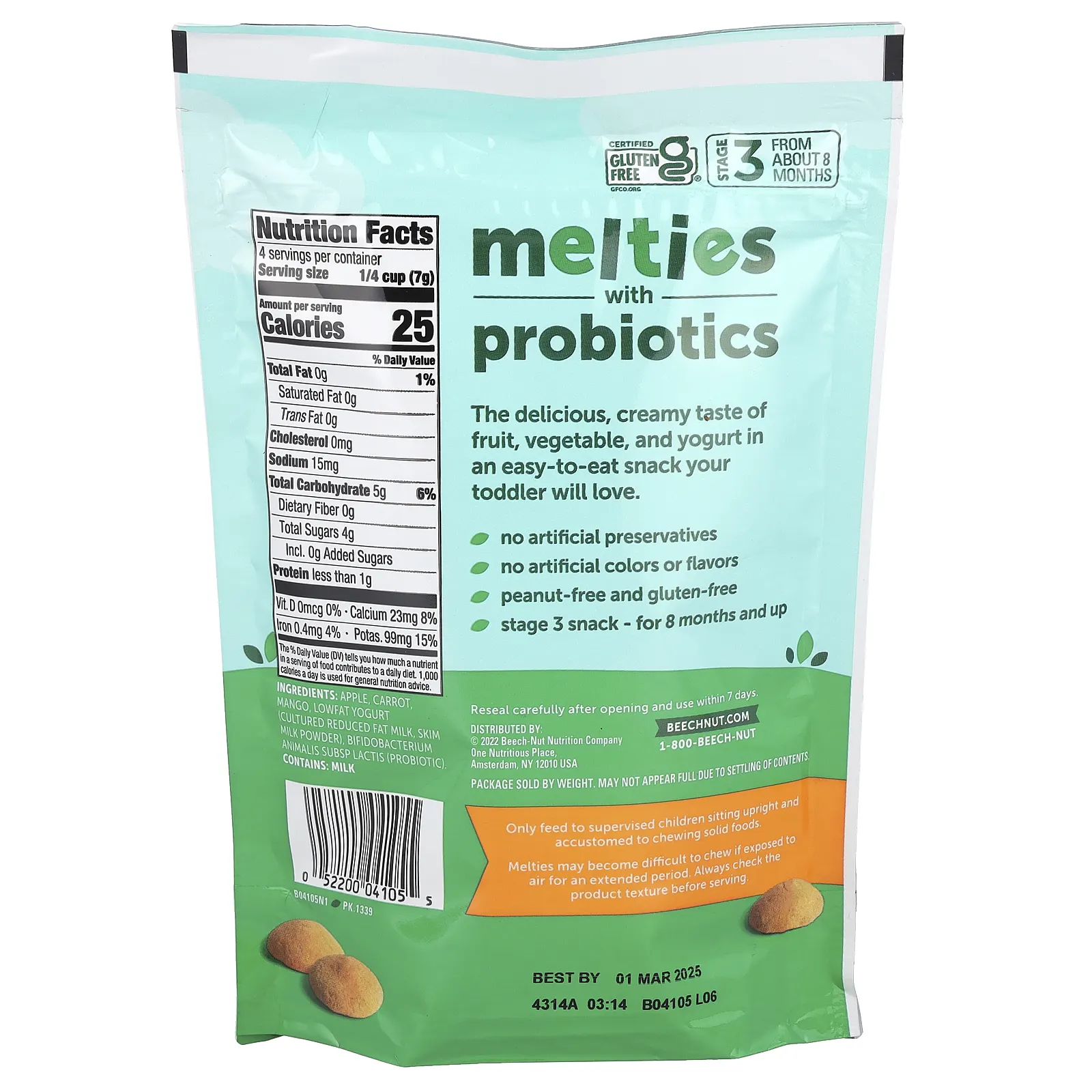 Beech-Nut, Naturals, снек с пробиотиками, для детей от 8 месяцев, яблоко, морковь, манго и йогурт, 28 г (1 унция)