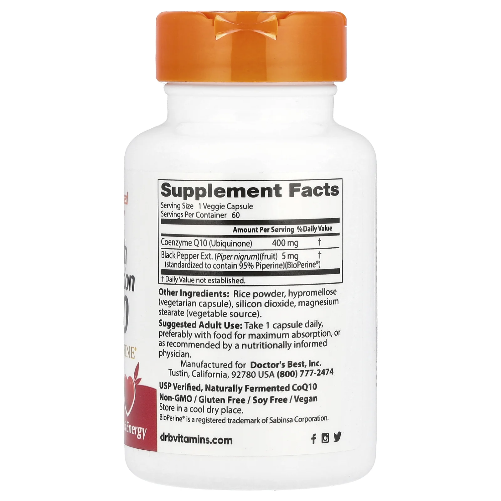 Doctor's Best, коэнзим Q10 с высокой степенью усвоения, с BioPerine, 400 мг, 60 вегетарианских капсул