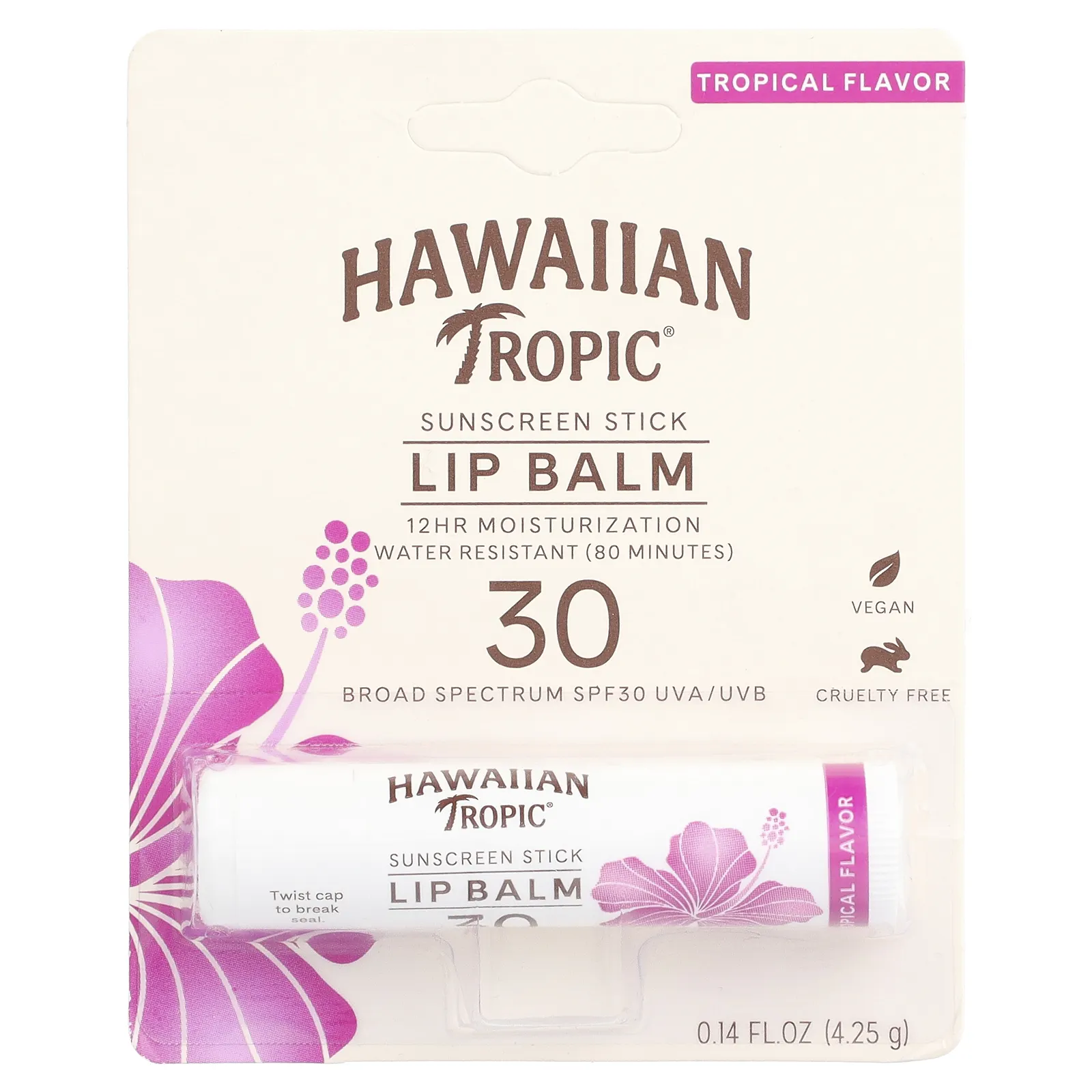 Hawaiian Tropic, Солнцезащитный бальзам для губ, SPF 30, тропический, 4,25 г (0,14 жидк. унц.)