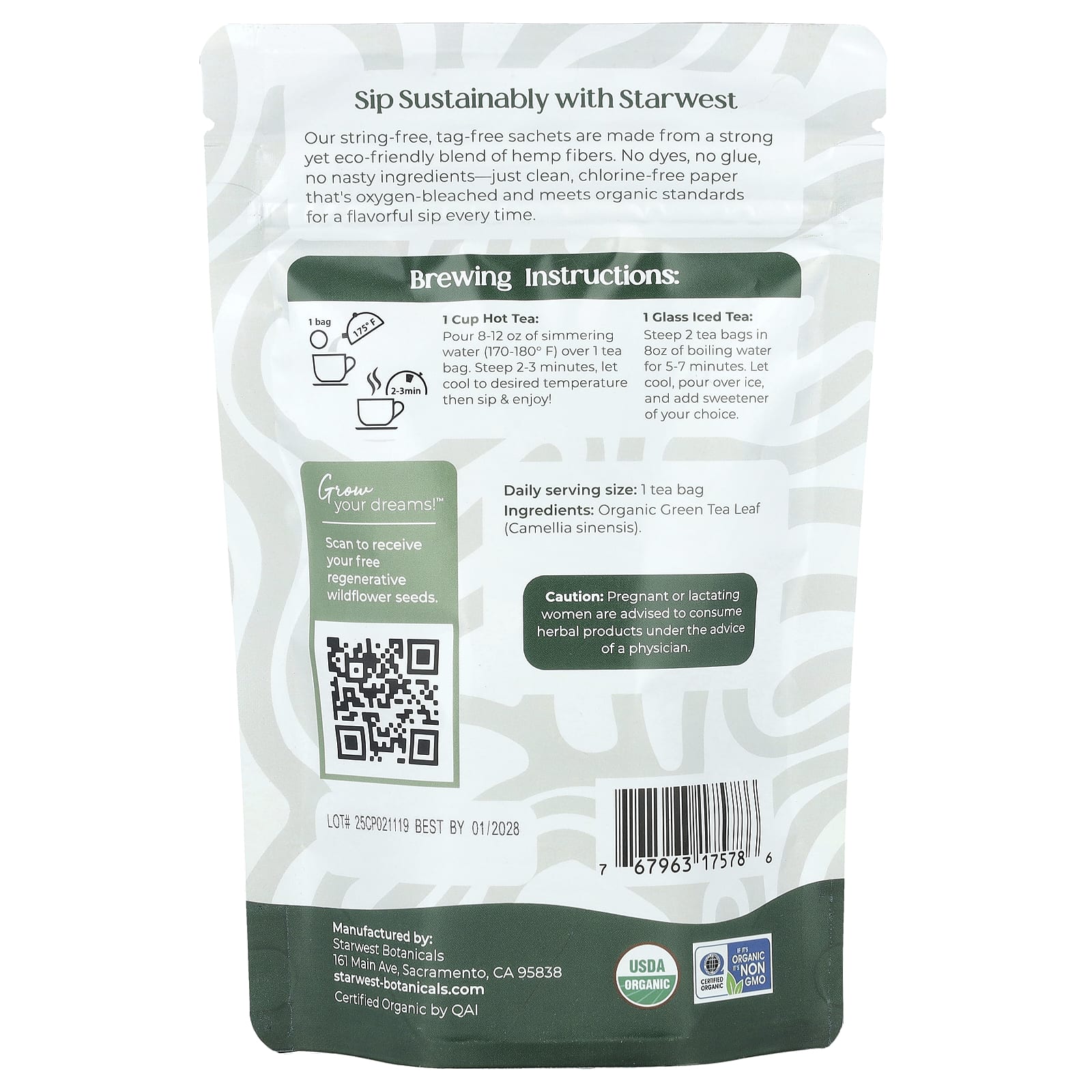 Starwest Botanicals, Органический зеленый чай, 20 чайных пакетиков, 40 г (1,4 унции)