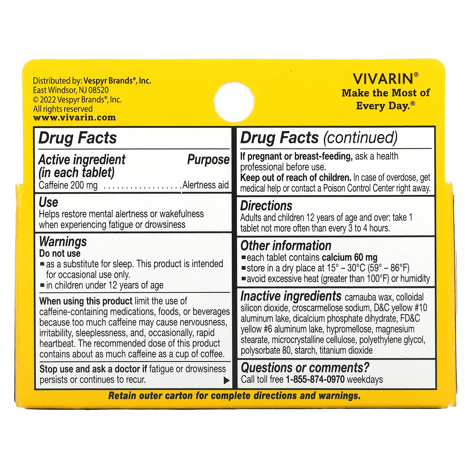 Vivarin, кофеин, добавка для поддержки концентрации внимания, 200 мг, 40 таблеток