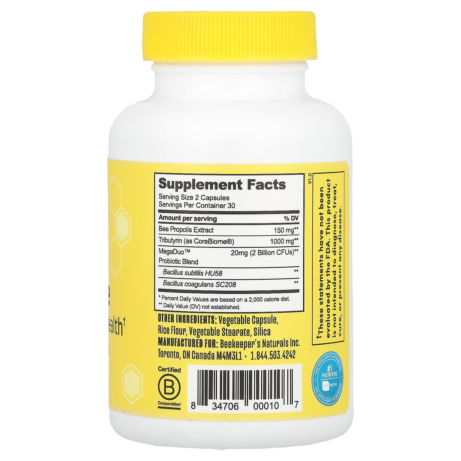 Beekeeper's Naturals, B. Biome Complete Gut Health, Pre, Pro + Postbiotic, 60 Capsules