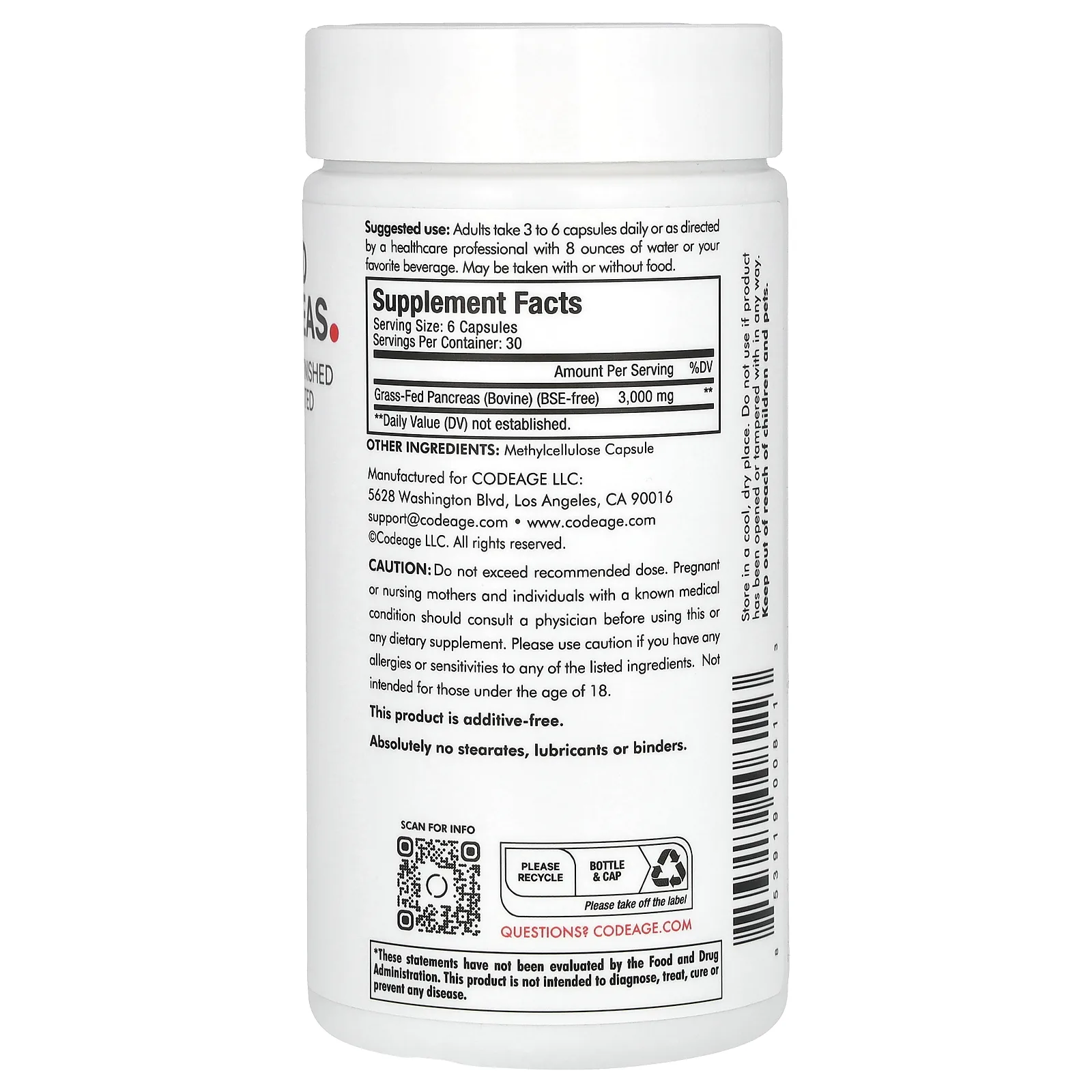 Codeage, говяжья поджелудочная железа, от животных травяного откорма, выращенных на пастбище, 180 капсул