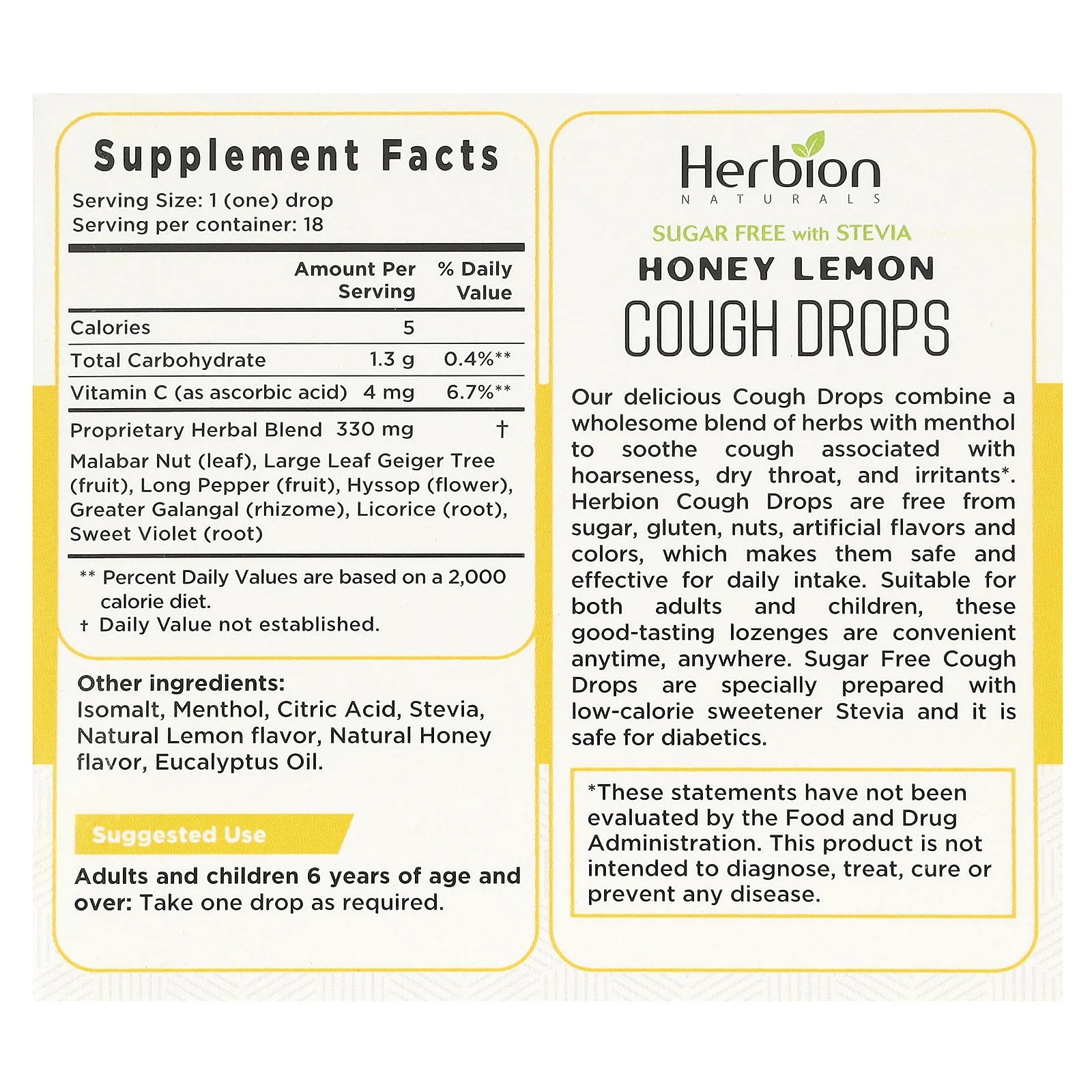 Herbion, Naturals, леденцы от кашля, без сахара, мед и лимон, 18 капель