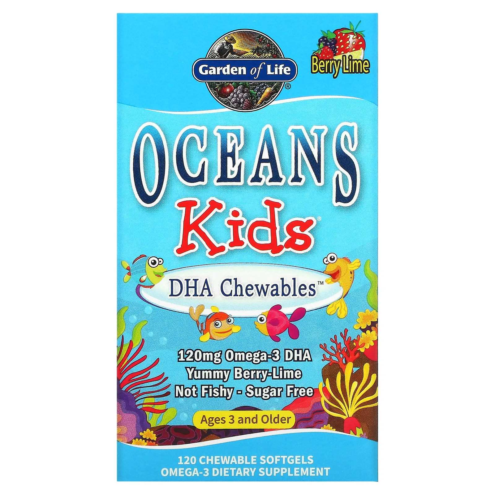 Garden of Life, Oceans Kids, DHA Chewables, ДГК в форме жевательных таблеток, для детей от 3 лет, со вкусом ягод и лайма, 120 жевательных капсул