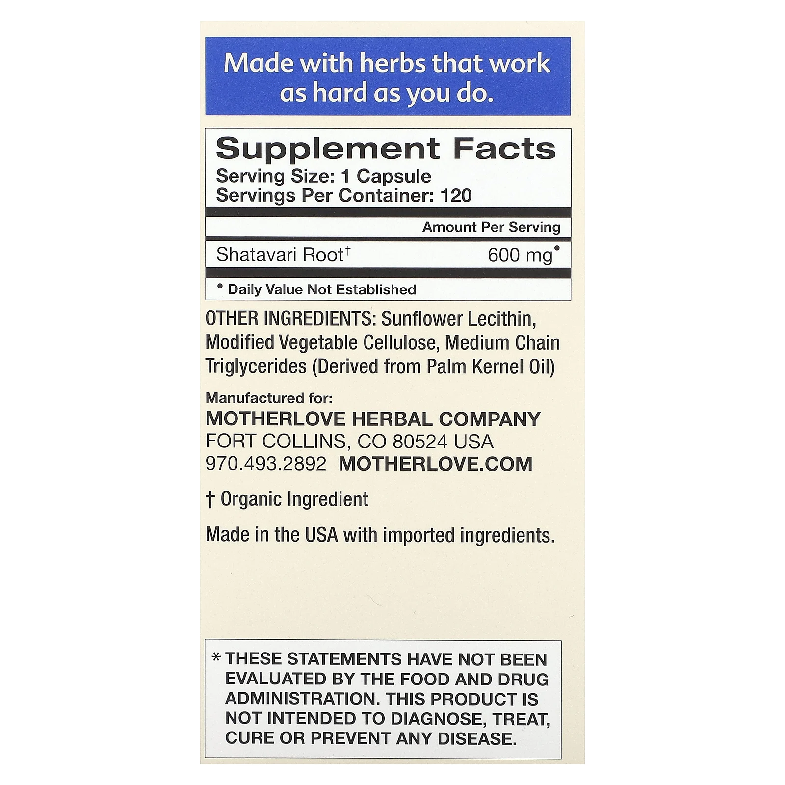 Motherlove, шатавари для грудного вскармливания, 120 капсул с жидкостью